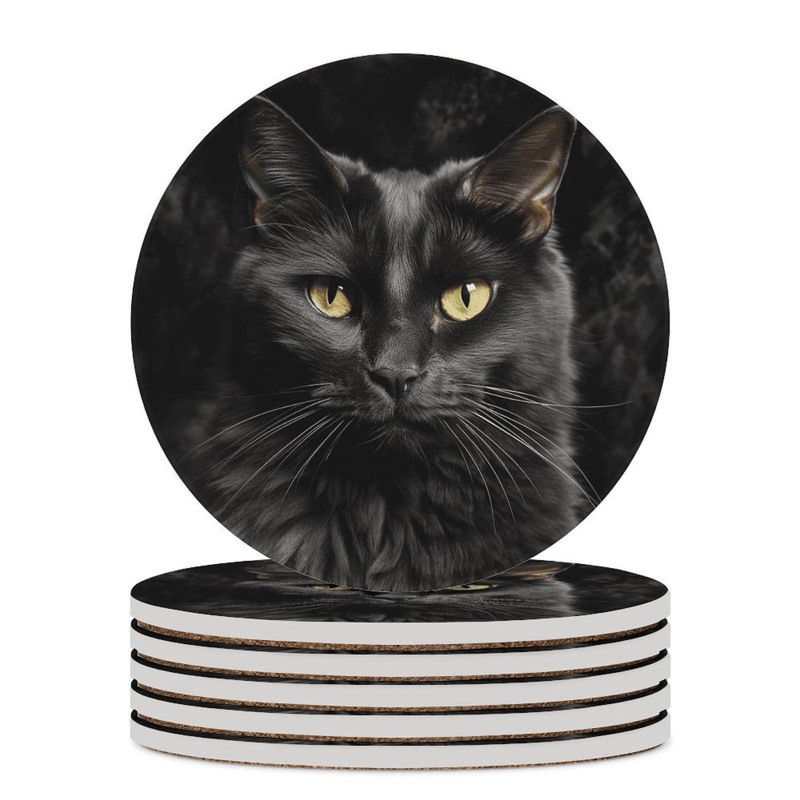 Czarny kot na czarnym tle podstawki pod napoje z uchwytem na stolik kawowy, ceramiczna podstawka z podstawą korkową, ceramiczna podstawka kamienna do mrożonych zimnych lub gorących napojów, 10 cm