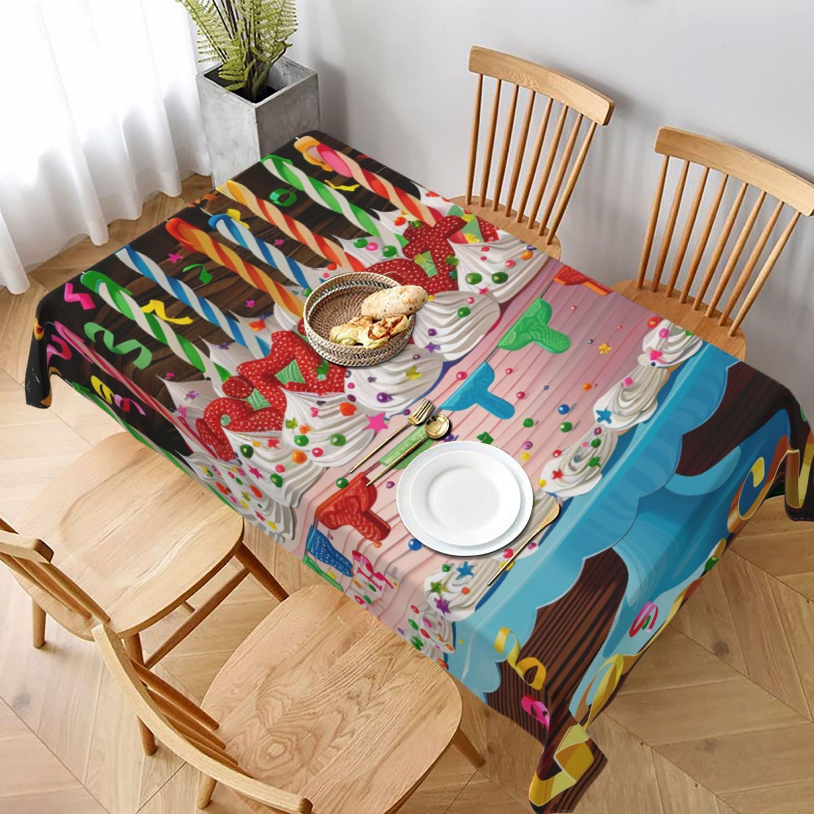 WPKJU Happy Birthday Big Cake Printed Tablecloth 60x90 in Water Resistant Table Cover Washable Rectangle Table Cloth for Dining Tables