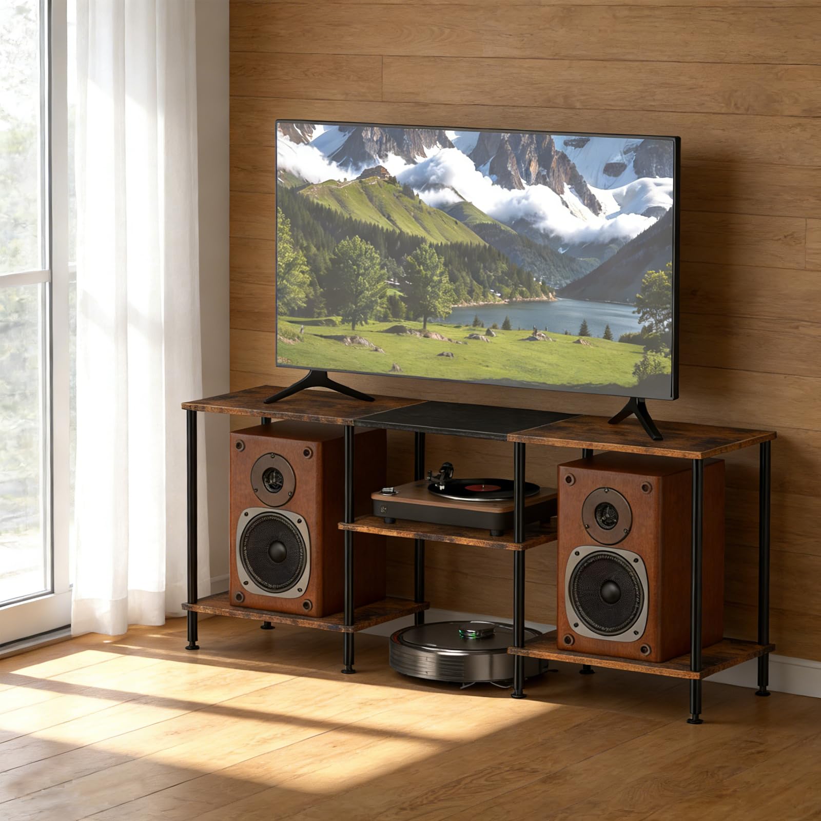 TV Schrank Ständer 3-Stufiges Regal TV-Schrank Freistehend für 50-Zoll-Fernseher Fernseher Schrank mit Verstellbare Standfüße TV Möbel Rustikaler für Wohnzimmer Schlafzimmer Hotels (Braun)