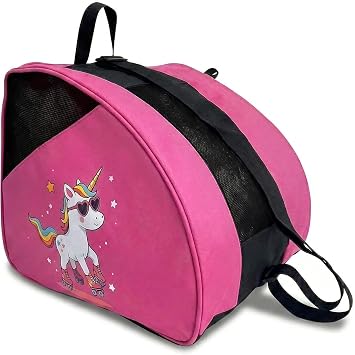 Roller Skate Bag for Kids DOJA Hobbies Pink Unicorn Carrier with Adjustable Padded Shoulder Strap, Ice Skate Bag Capacity for Skating Shoes and Socks, Durable Water-Resistant Material
