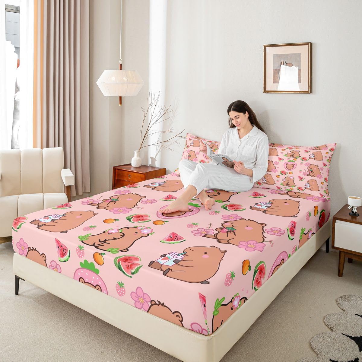 Capybara Lover Fitted Sheet, Capybara Decor Bedding Set Queen for Kids Girls Bedroom, Cartoon Rodent Animal Bed Sheets Capybara Decorations Watermelon Strawberry Sheets Kawaii Decor,Pink