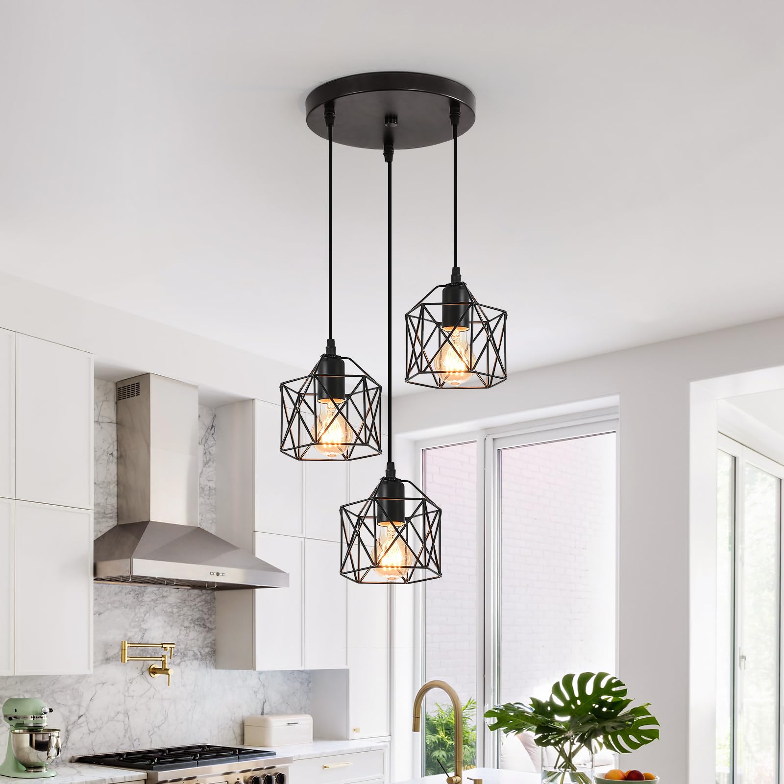 3 Luci Lampadario a Sospensione Industriale E27 Nero Geometrico a Semi-Incasso Apparecchio di Illuminazione a Soffitto per Cucina, Sala da Pranzo, Corridoio, Porta (Lampadina Non Inclusa)