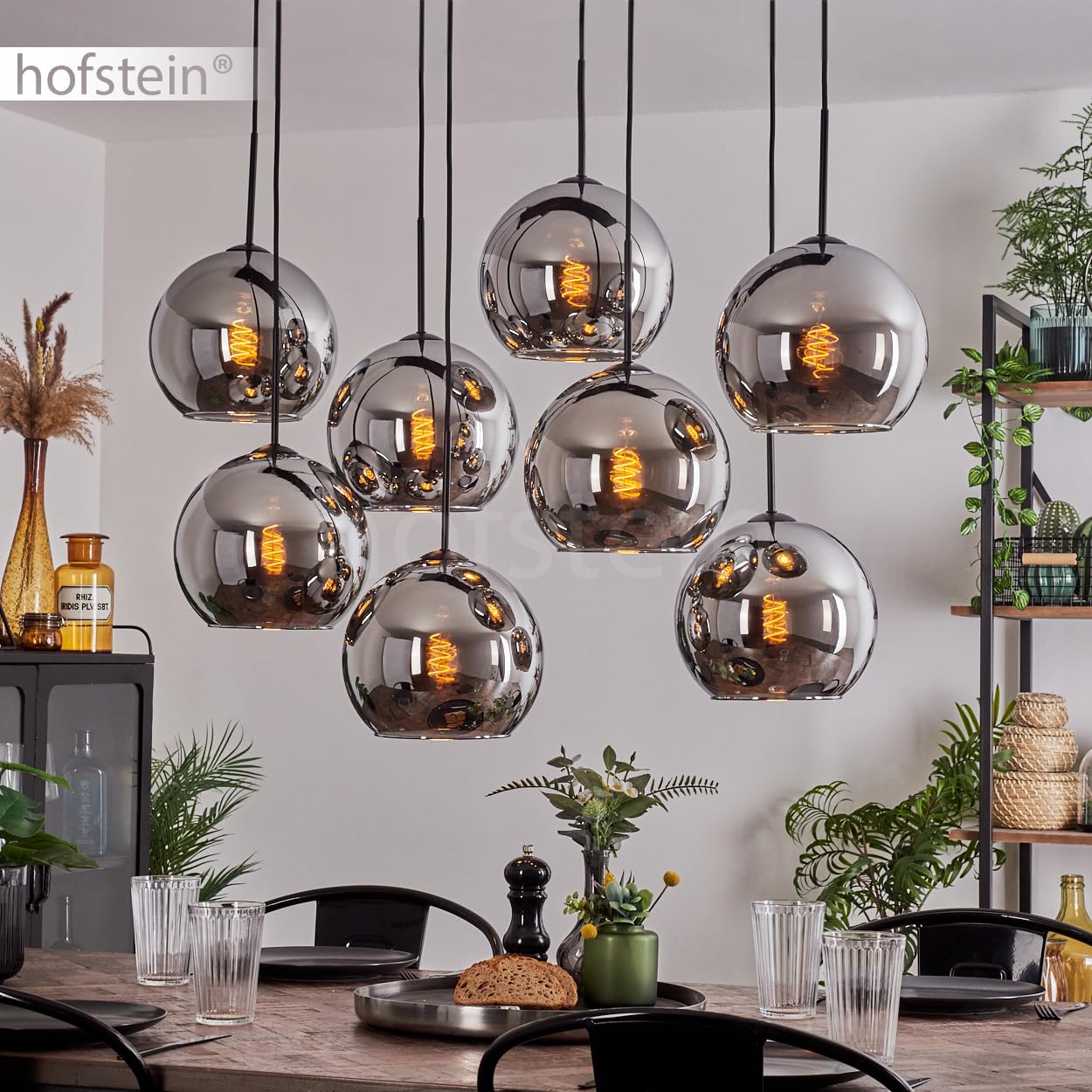 HOFSTEIN Lampadario a sospensione Koyoto a 8 luci in metallo/vetro nero/cromo/fumo, moderno lampadario in stile retrò/vintage, Ø ombrelloni 25 cm, E27, sala da pranzo, cucina, soggiorno