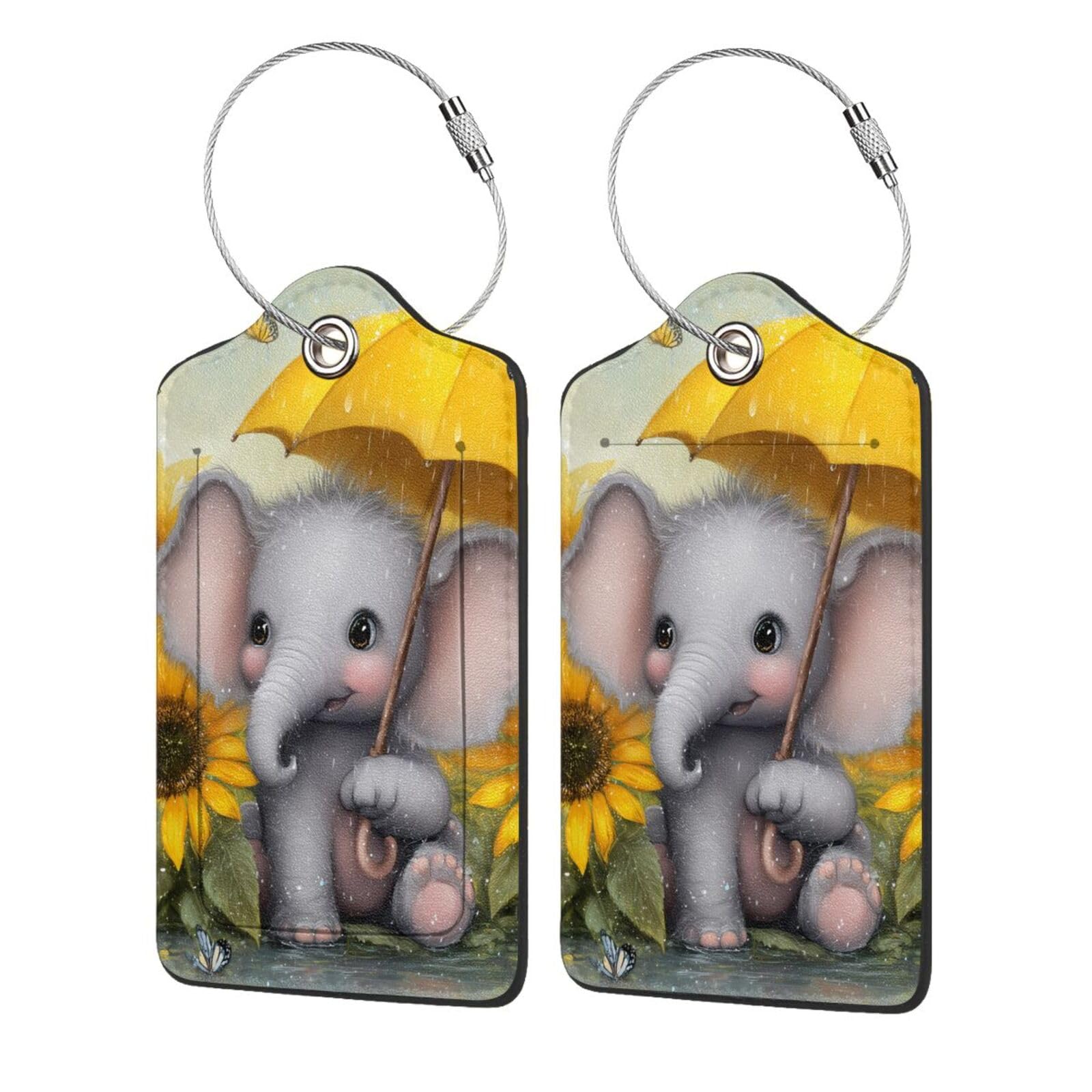 4 etiquetas de equipaje de piel sintética para maleta, lindo elefante bebé sosteniendo un paraguas en los girasoles etiqueta de equipaje con bucle de acero inoxidable, etiqueta de identificación de