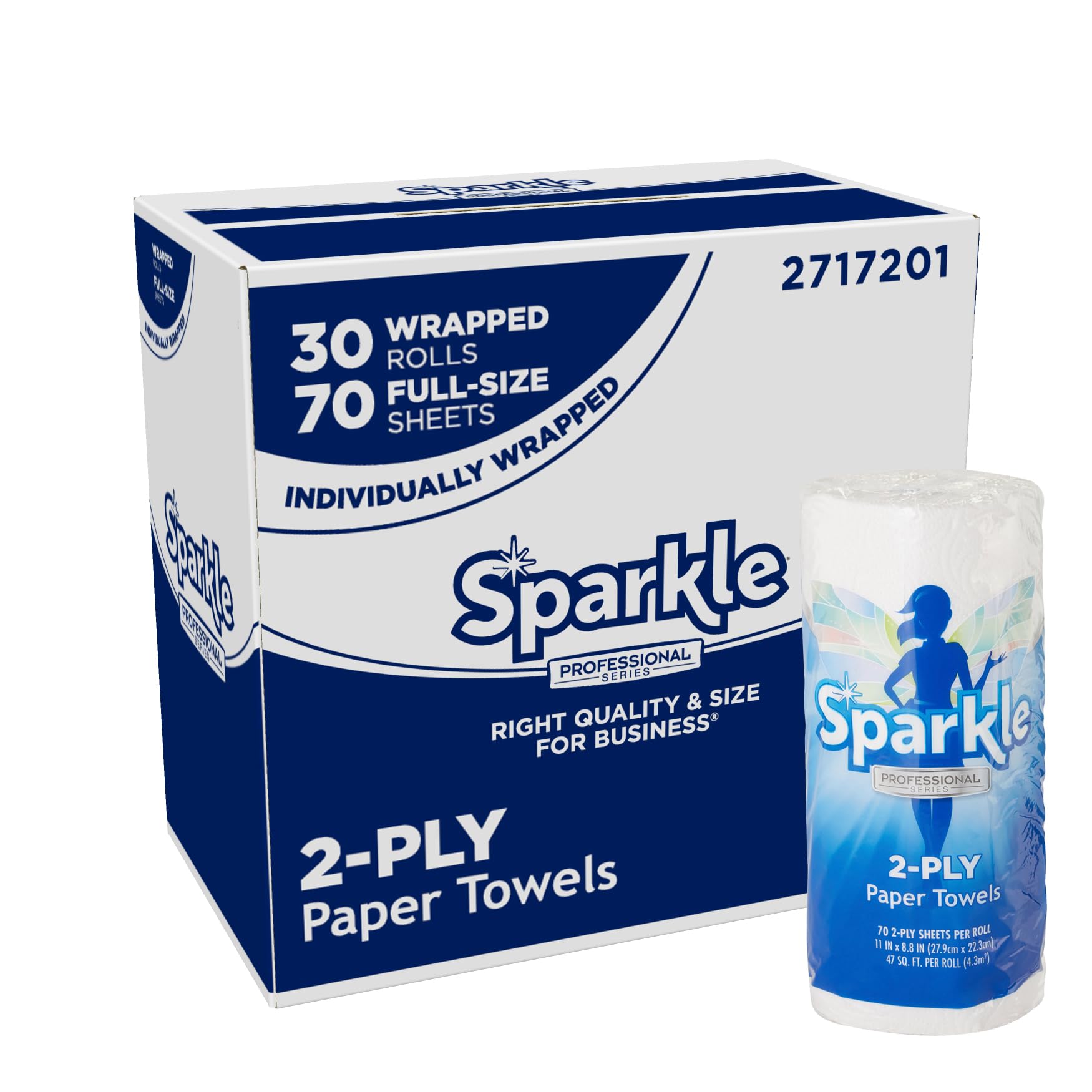 Sparkle Professional Series by Georgia-Pacific PRO 2-Ply Perforated Kitchen Paper Towel Rolls, Individually Wrapped, White, 11” x 8.8” (LxW), 70 Sheets/Roll, 30 Rolls/Case, 2717201