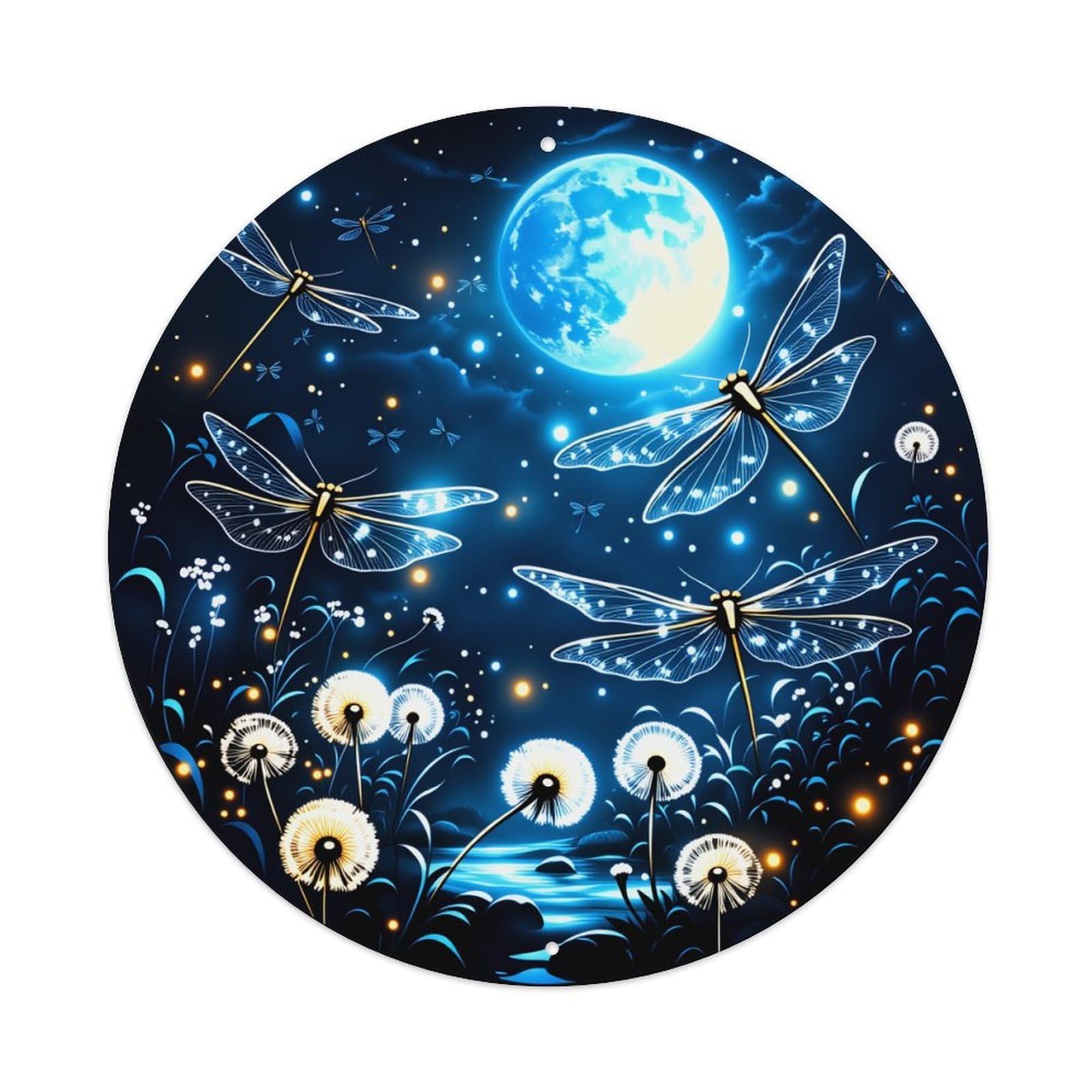 Moonlit Dragonflies Dandelions Night Sky Metal Tin Sign Vintage Garden Bedroom Cafe Bar Man Cave Home Wall Decor Metal Poster 8x8 inches