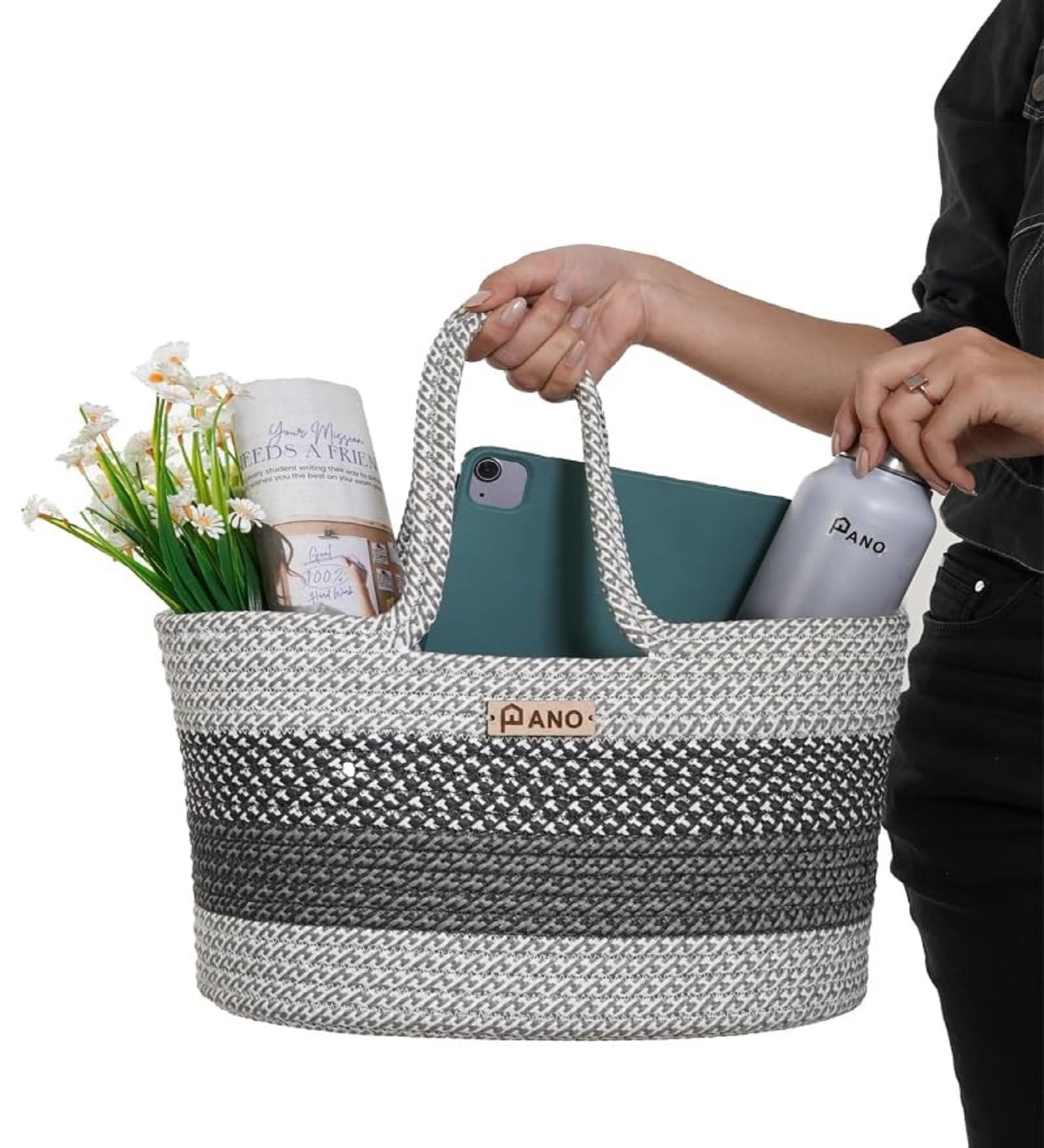 Pano Polypropylene Multipurpose Storage Tote Bag, Hand Basket, Beach Bags for Women, Organizer, Shopping Bag, Tote Hand Basket for Lunchbox, Water Bottle, Grey, ELORA 3