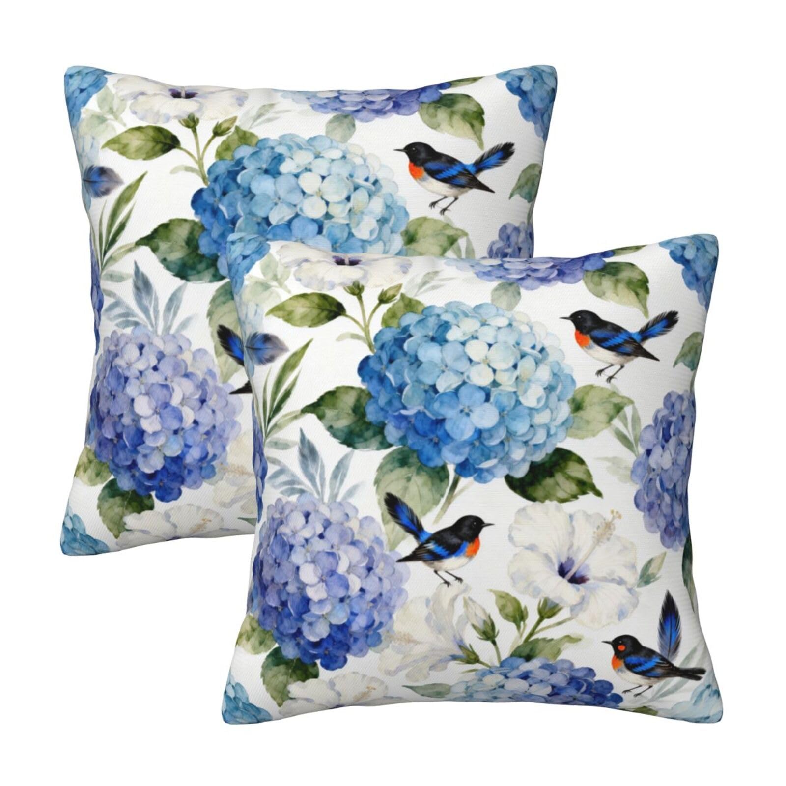 Tebjh Blue and White Floral Pillow Covers 18x18 Set of 2, Spring Hydrangea Hibiscus Flower Throw Pillow Covers Outdoor Decorative Pillow Case for Couch Bed Sofa Cushion Home Decor