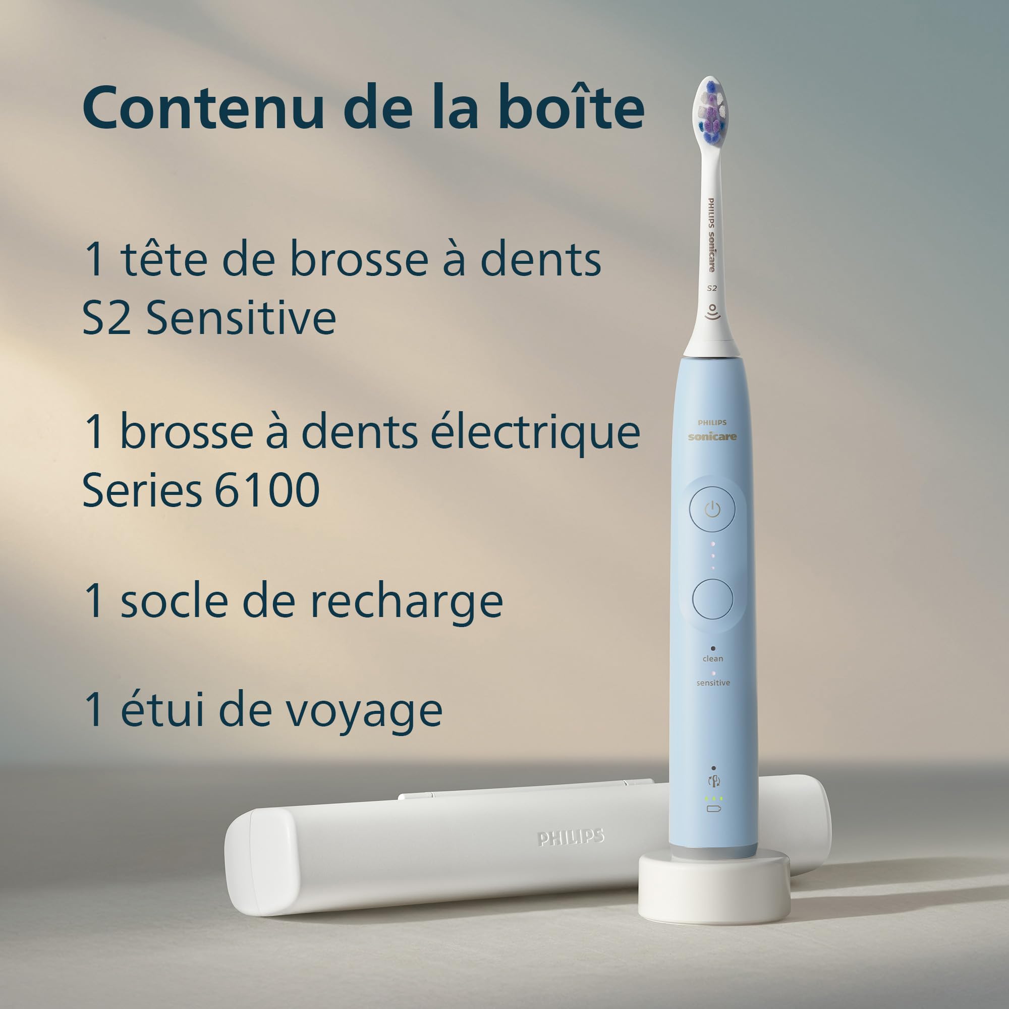 Philips Sonicare 6100 - Brosse à dents électrique sonique avec 2 modes de brossage, 3 niveaux d'intensité, Alerte de pression, EasyStart, SmarTimer, Bleu clair, modèle HX7406/02 [Nouvelle technologie]