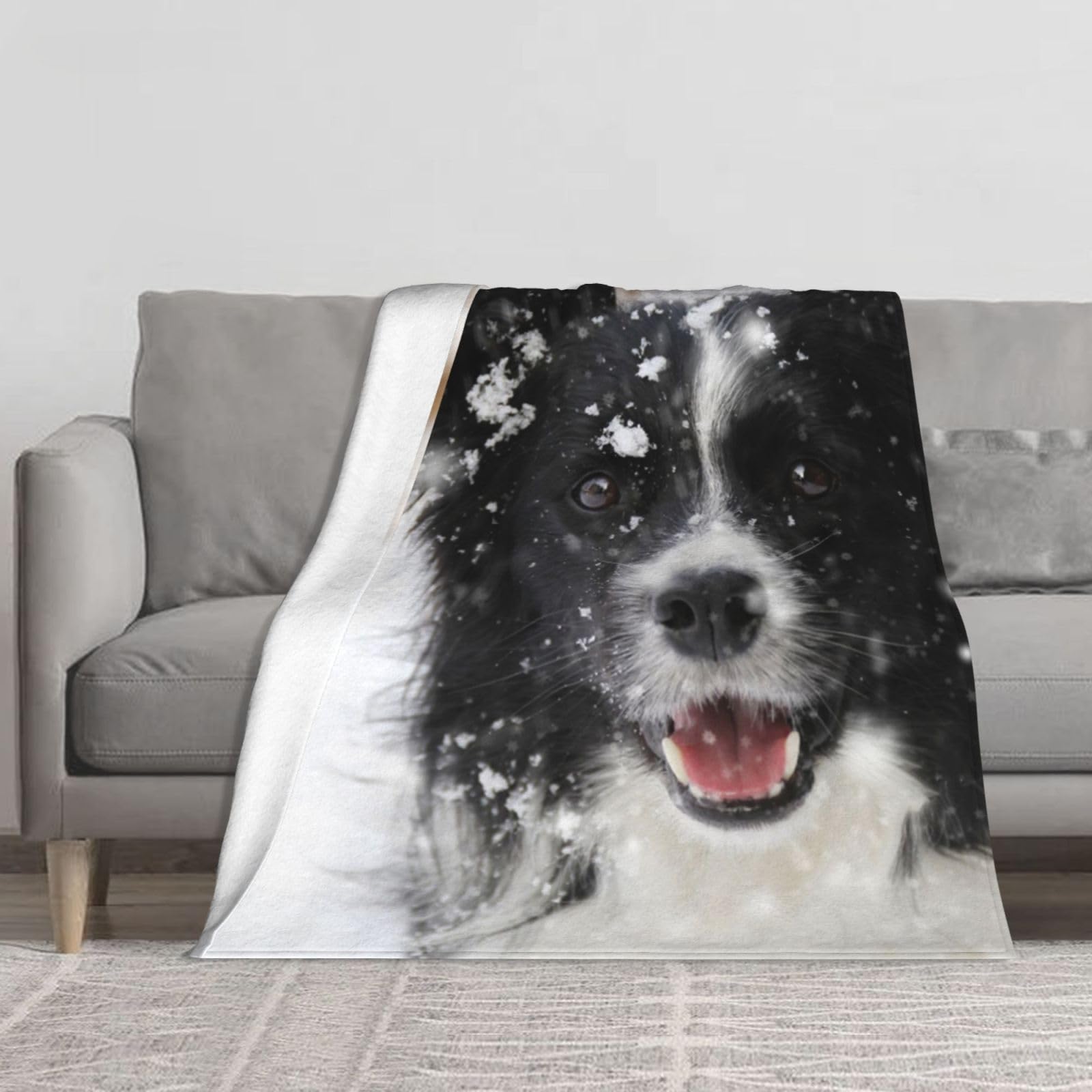 Couverture Border Collie en flanelle 150x130 cm plaid motif chien de berger pour lit et canapé