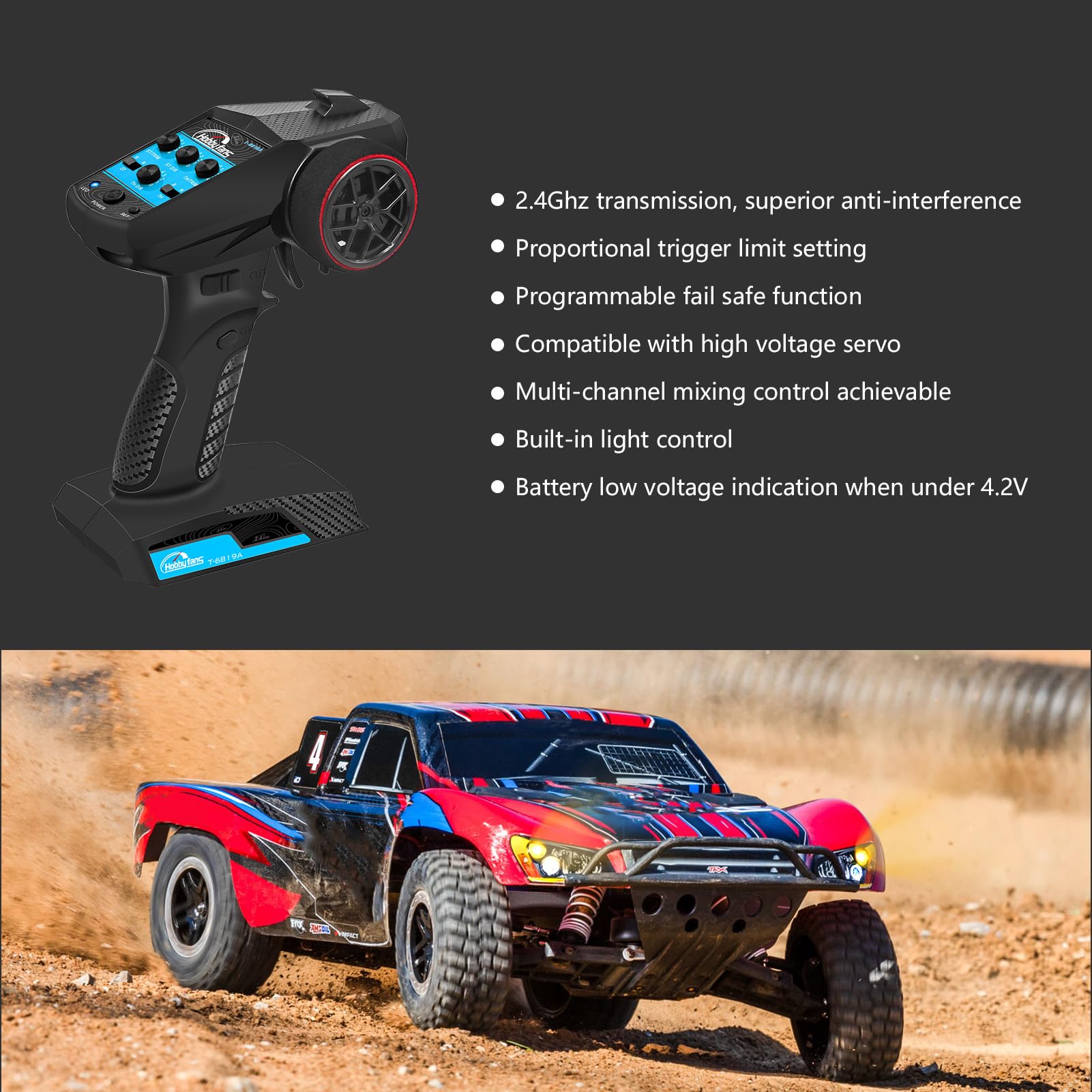 Sistema de radio RC 4CH 2.4G Transmisor RC con receptor y cordón y banda antideslizante que absorbe el sudor, control remoto antiatascos para 1/10 1/12 1/14 1/16 1/18 1/24 RC Car Crawler