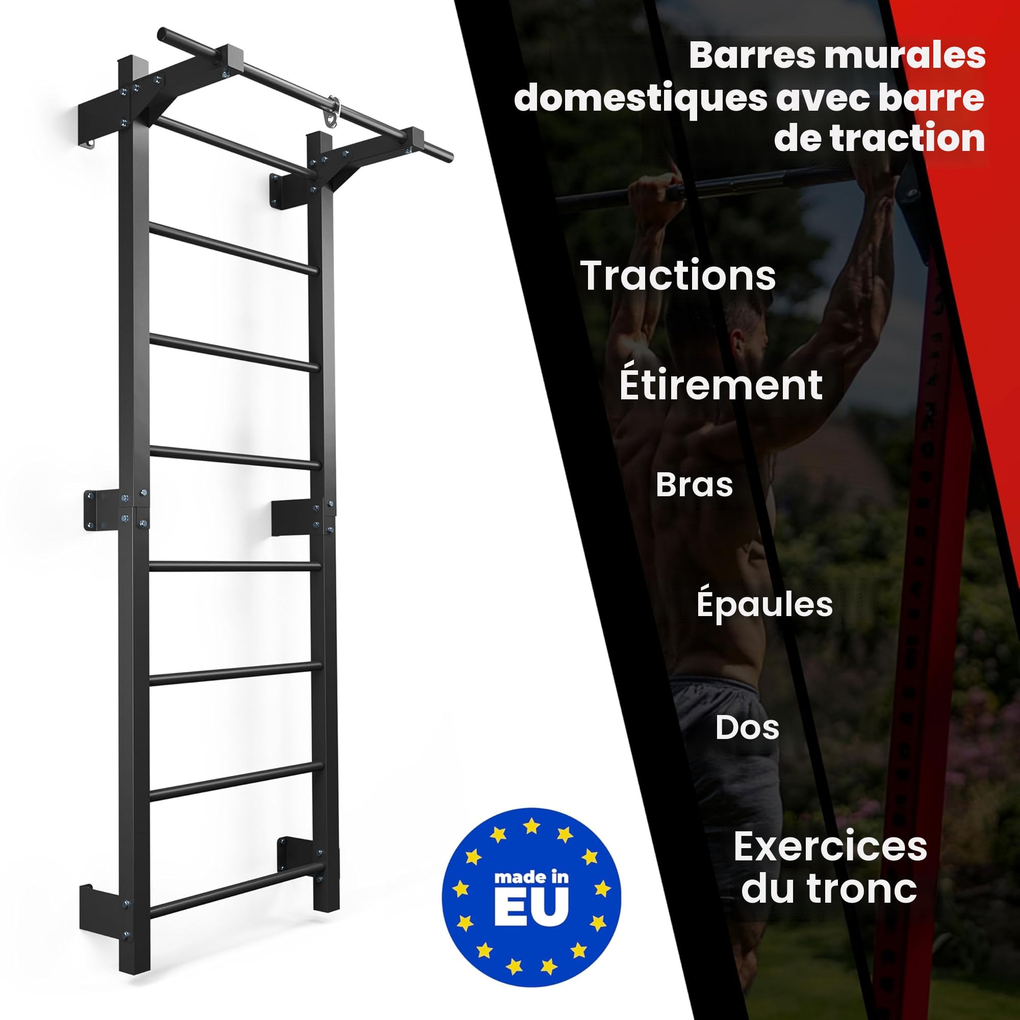 Mur D’escalade K-Sport 8 échelons – Barre De Traction Intégrée, Charge 250 Kg, Acier, Pour Adultes Et Enfants, E-book Offert