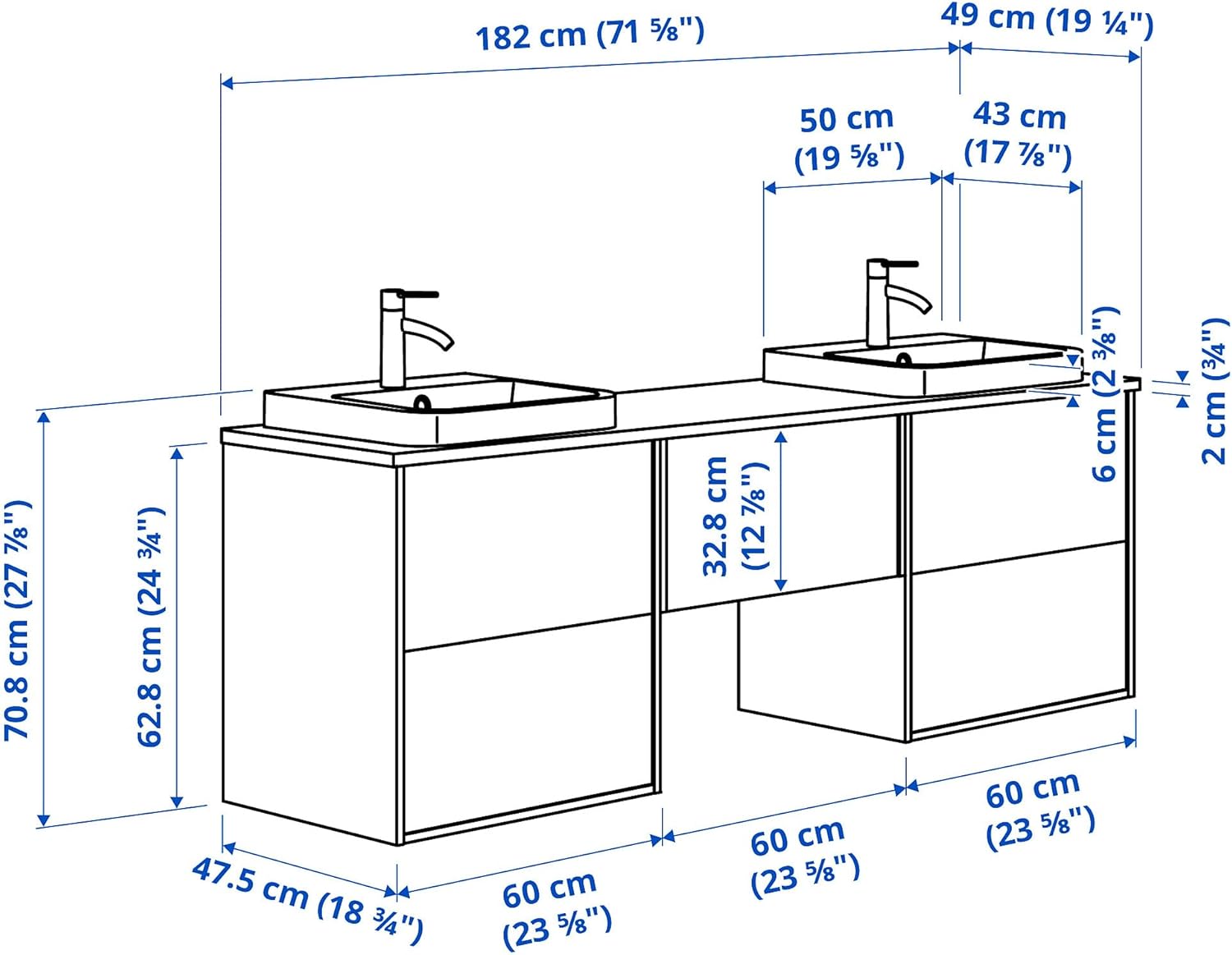 BACKSJÖN/ÄNGSJÖN Wash-stand/wash-basins/taps, high-gloss white/black marble effect, 182x49x71 cm