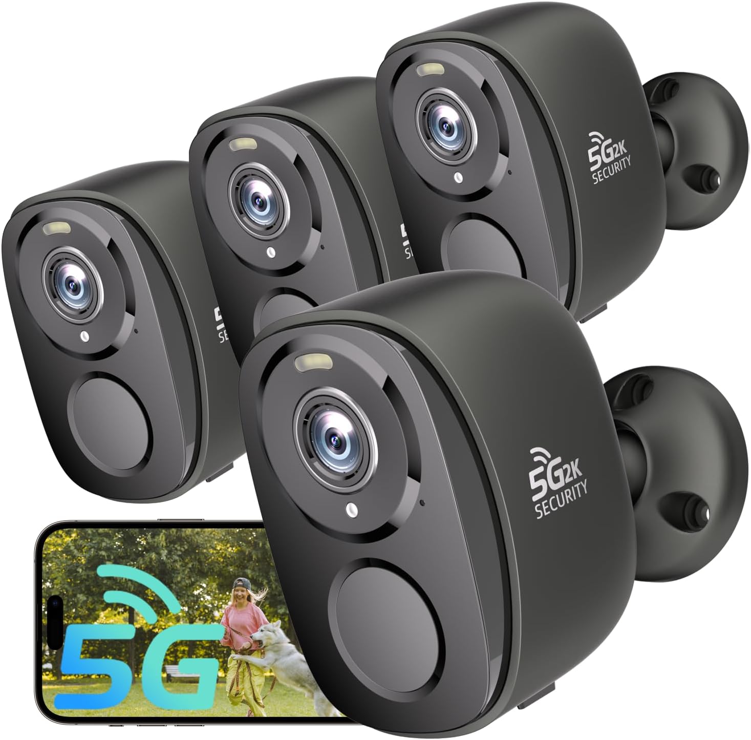 4PC 5G/2.4G Security Cameras Wireless Outdoor,2K Battery Powered Camera for Home Security,WiFi Home Indoor Camera with AI Motion Detection,Siren, Color Night Vision,2-Way Talk, IP65, SD/Cloud,Alexa BW4-4PC-G