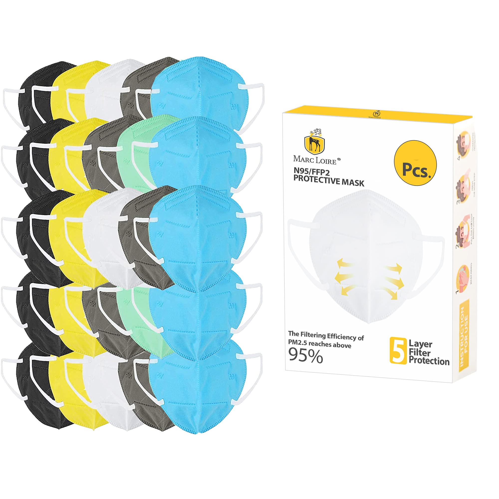 Marc Loire Pack of 25 Certified 5 Layered Outdoor Protection Anti Pollution Free Size N95 Face Mask For Men And Women (Pack of 25, Multicolor) (B09DYM1SX5) Amazon Price History, Amazon Price Tracker