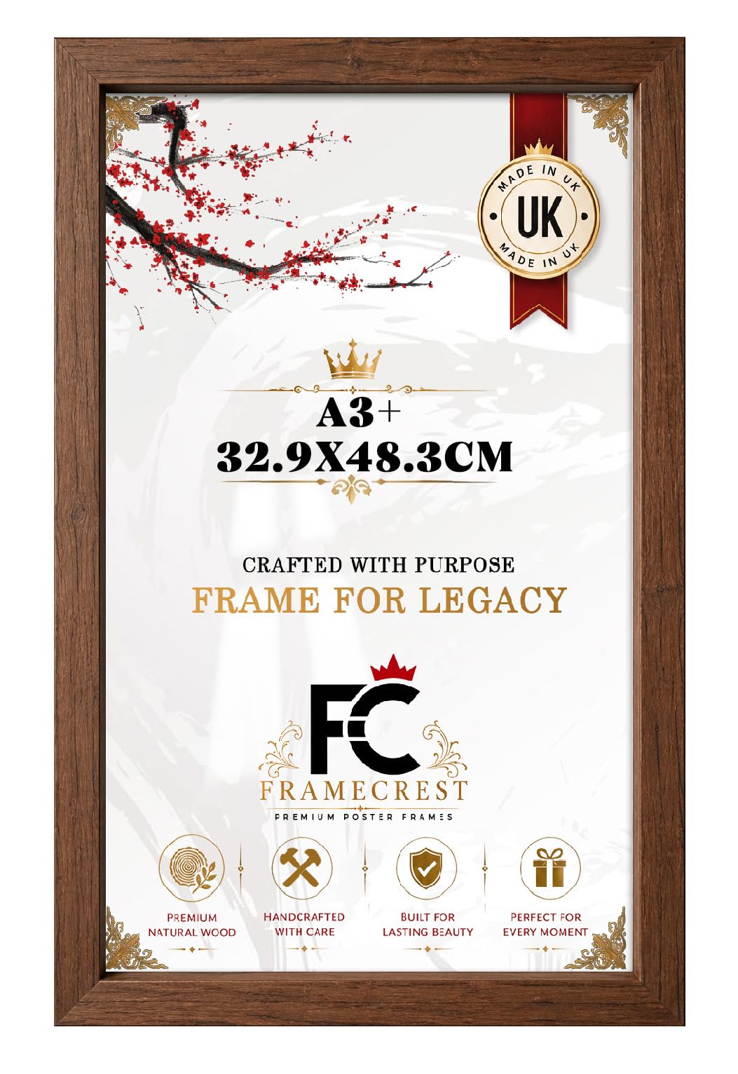 Framecrest Ltd Walnut Framecrest Flat Profile Large A3+ 32.9X48.3cm Poster Frame Eton Wood Perfect For Wall Gallery, Living Room & Wall Hanging Mount Poster Picture-[Walnut]