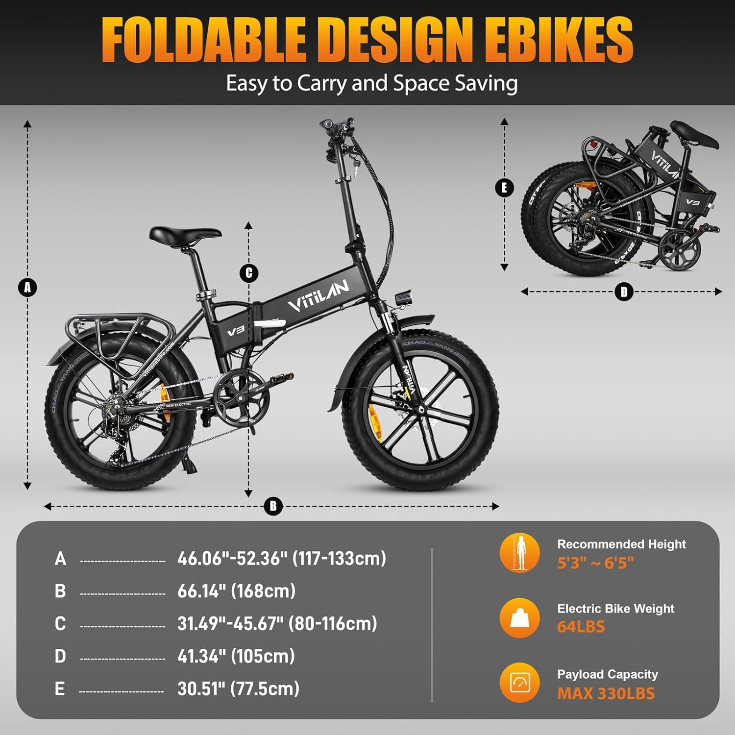 VITILAN V3 Bici Elettrica Pieghevole, Bicicletta Elettrica da 48V 13Ah Batteria Rimovibile,Velocità Massima 25 km/h, Motore Potente da 250W, Pedalata Assistita per 60-80 km, Gomme 20"×4.0"