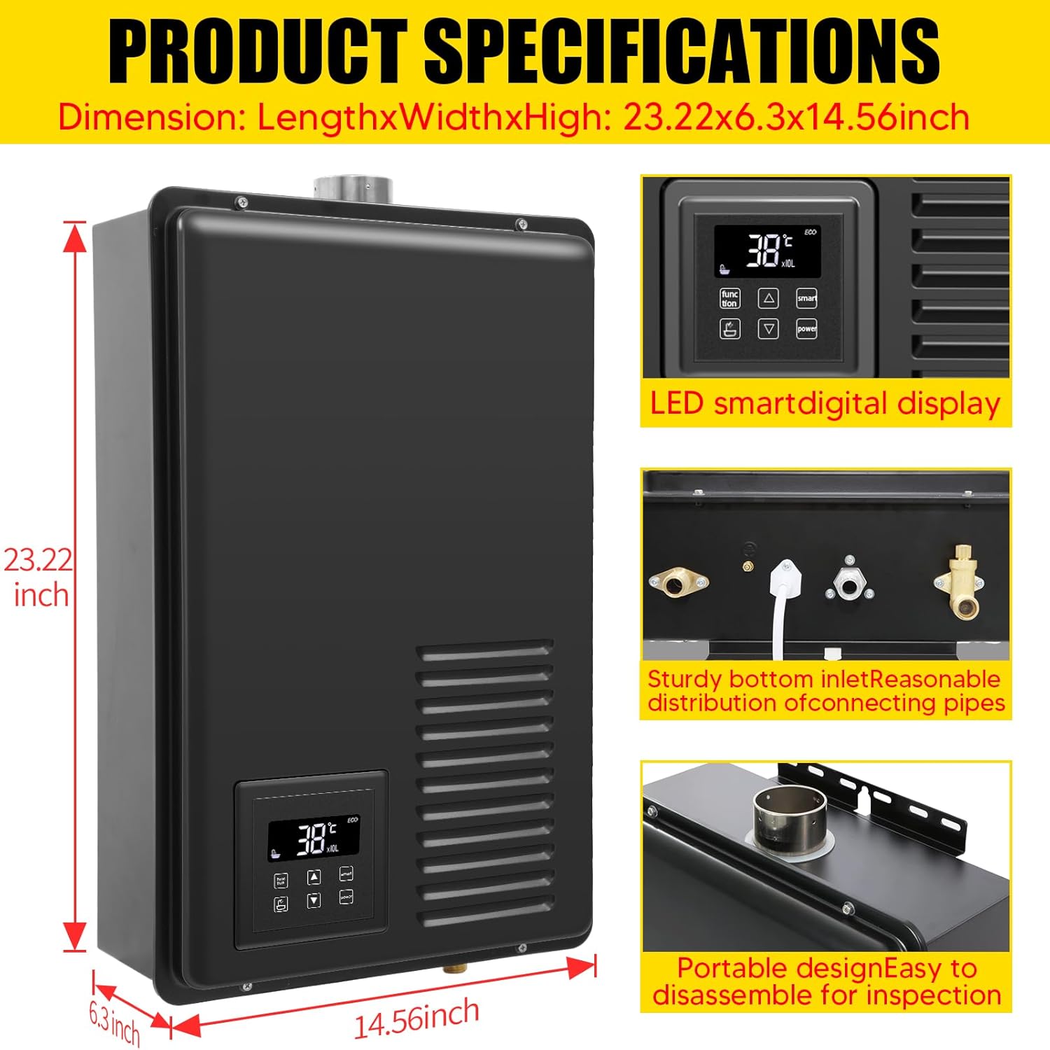 Product specifications with dimensions and LED display detail