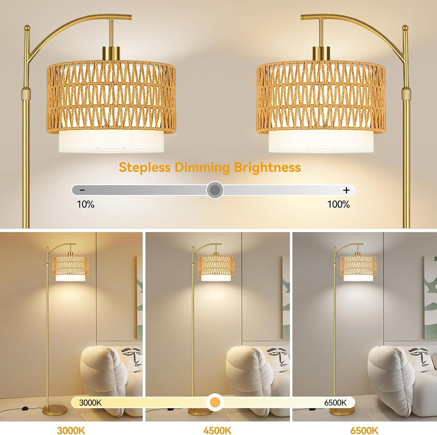 gold floor lamps for living room rattan boho floor lamp with remote control & 3 color temperature, dimmable arc floor lamps wicker lamp shades brass standing lamp tall floor lamp for bedroom corner gold-boho-circular column 12inch