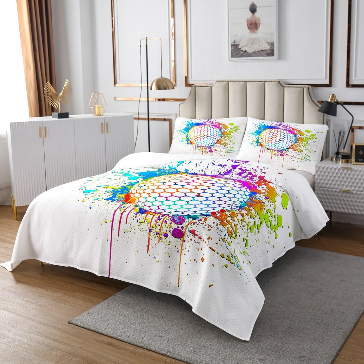 Golf Bedspread Set Queen Size for Kids,Boys Girls Watercolor Tie-dye Quilt Set Golf Ball Bedspread Coverlet White Hippie Graffiti Bedspread 3 Piece Decorative Bedding Quilted with 2 Pillow Shams