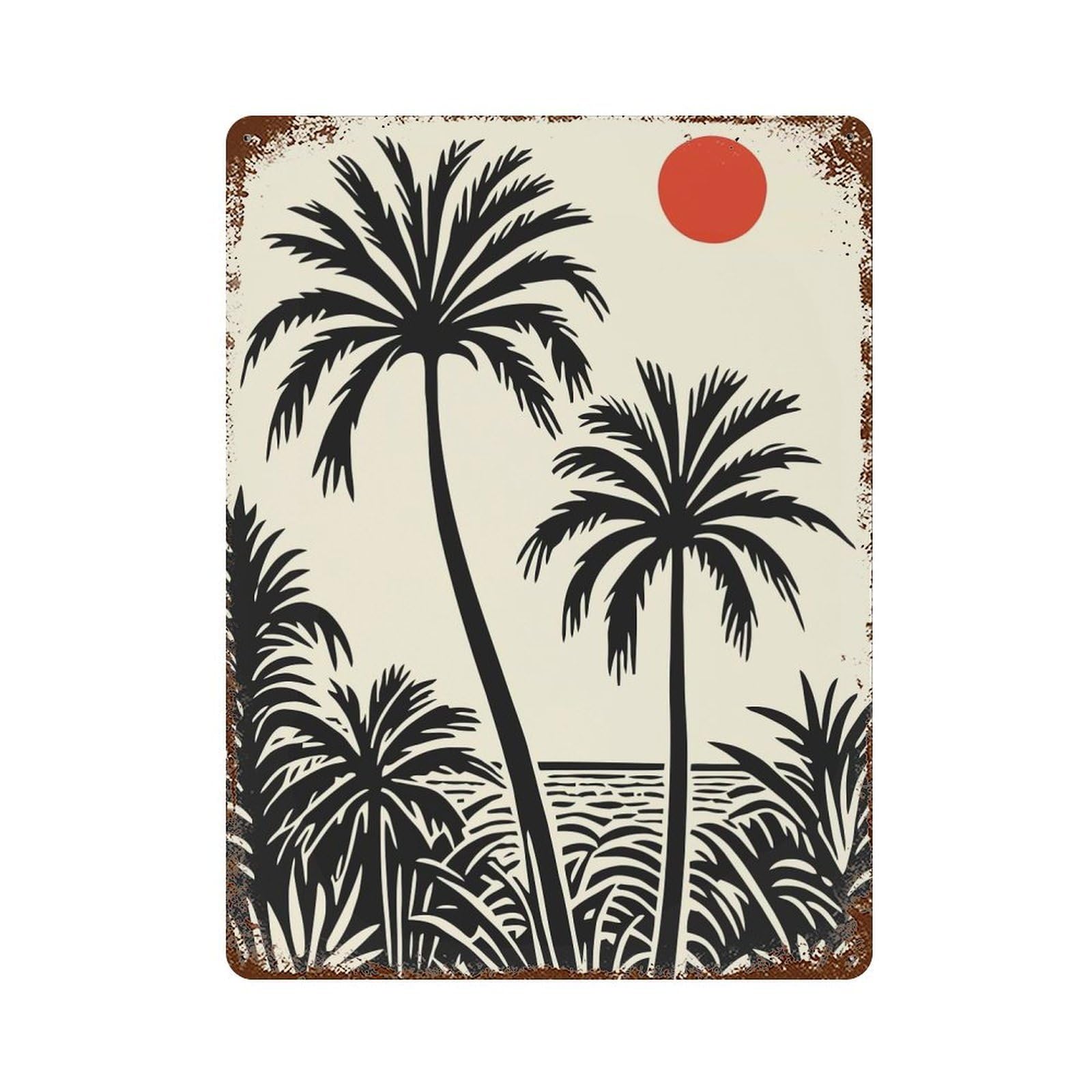 Palm Tree Sunset Silhouette Rust Effect Tin Sign 15.7"x11.8", Retro Wall Decor for Pub, Kitchen And Man Cave Decor