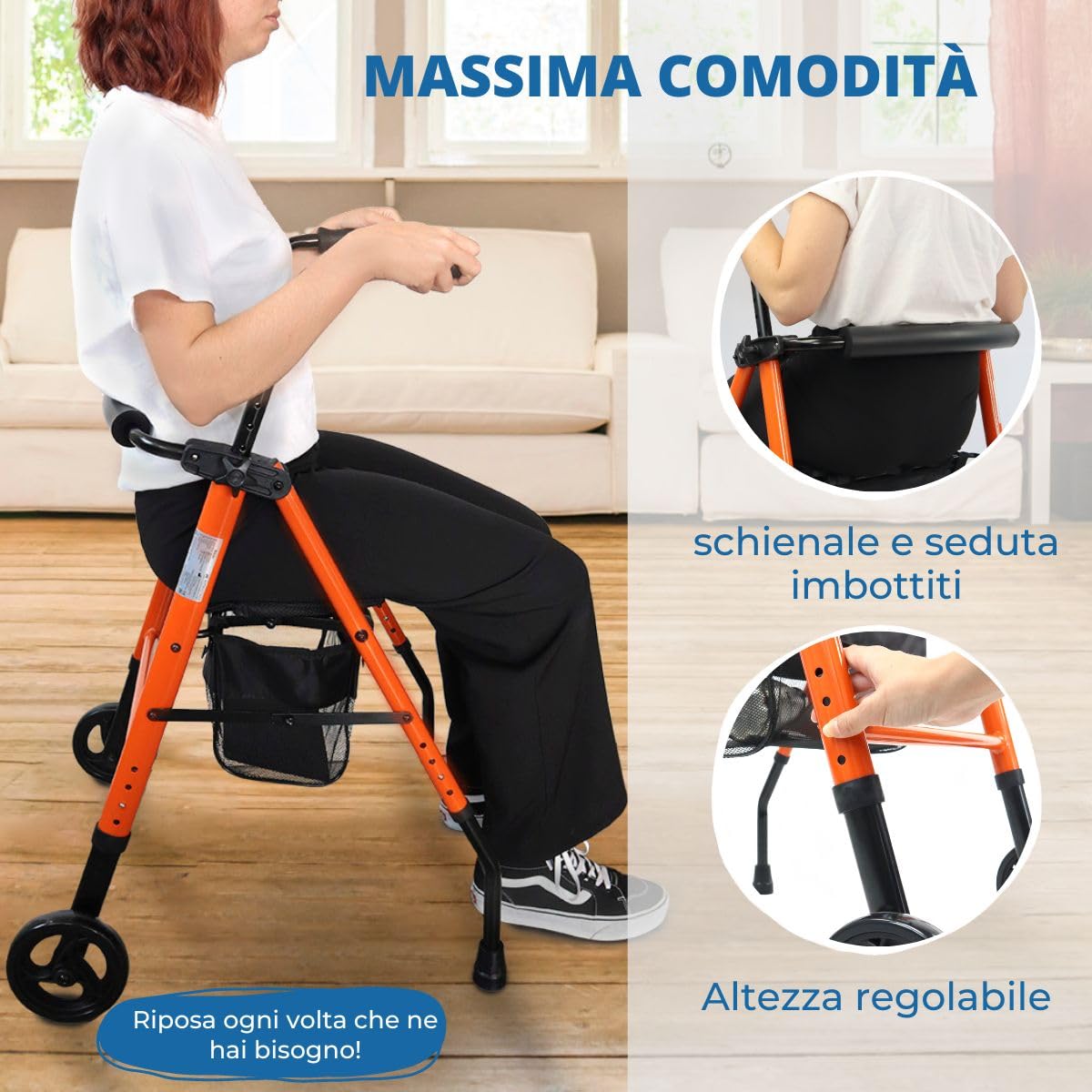 Mobiclinic®, Deambulatore per anziani, Nerón, Marchio europeo, Adulti o disabili, In acciaio, Leggero, Pieghevole, Con seduta, Cestino e 2 ruote, Colore arancione