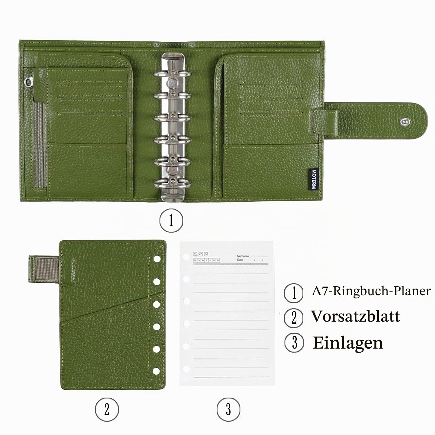 Moterm Pocket Luxe Ring Planer– Echtes Leder Binder Organizer (Kiesel-Olivgrün, 30mm Ring)