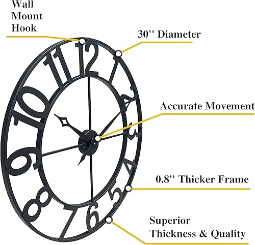 Miniatura 2 de CLXEAST Relojes de pared de 30 pulgadas para decoración de sala de estar, reloj de pared grande de metal negro decorativo, número arábigo regular