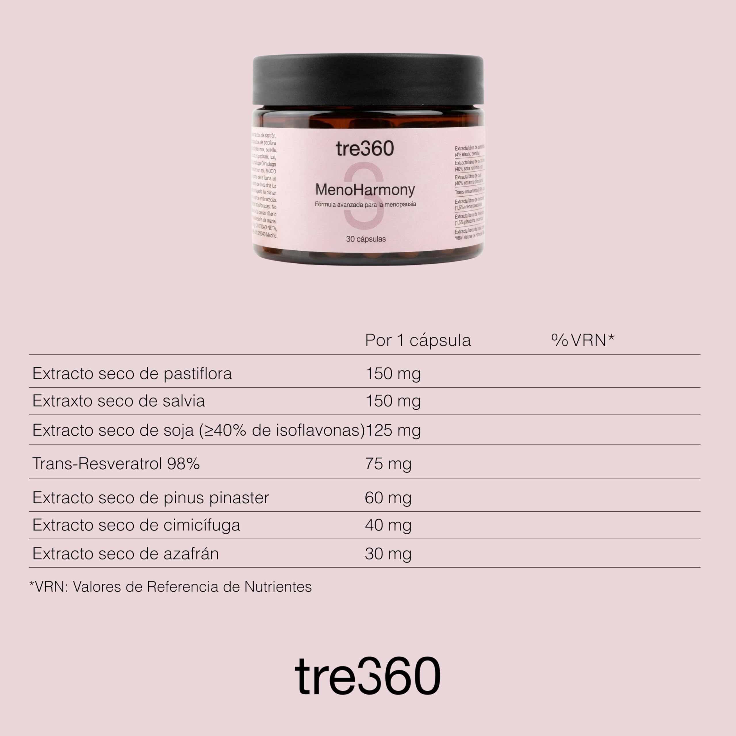 Tres60 - MenoHarmony - 30 Cápsulas - Complemento Alimenticio para Menopausia con Isoflavonas de Soja, Cimicífuga, Salvia, Pasiflora y Resveratrol - Equilibrio Hormonal, Bienestar Femenino