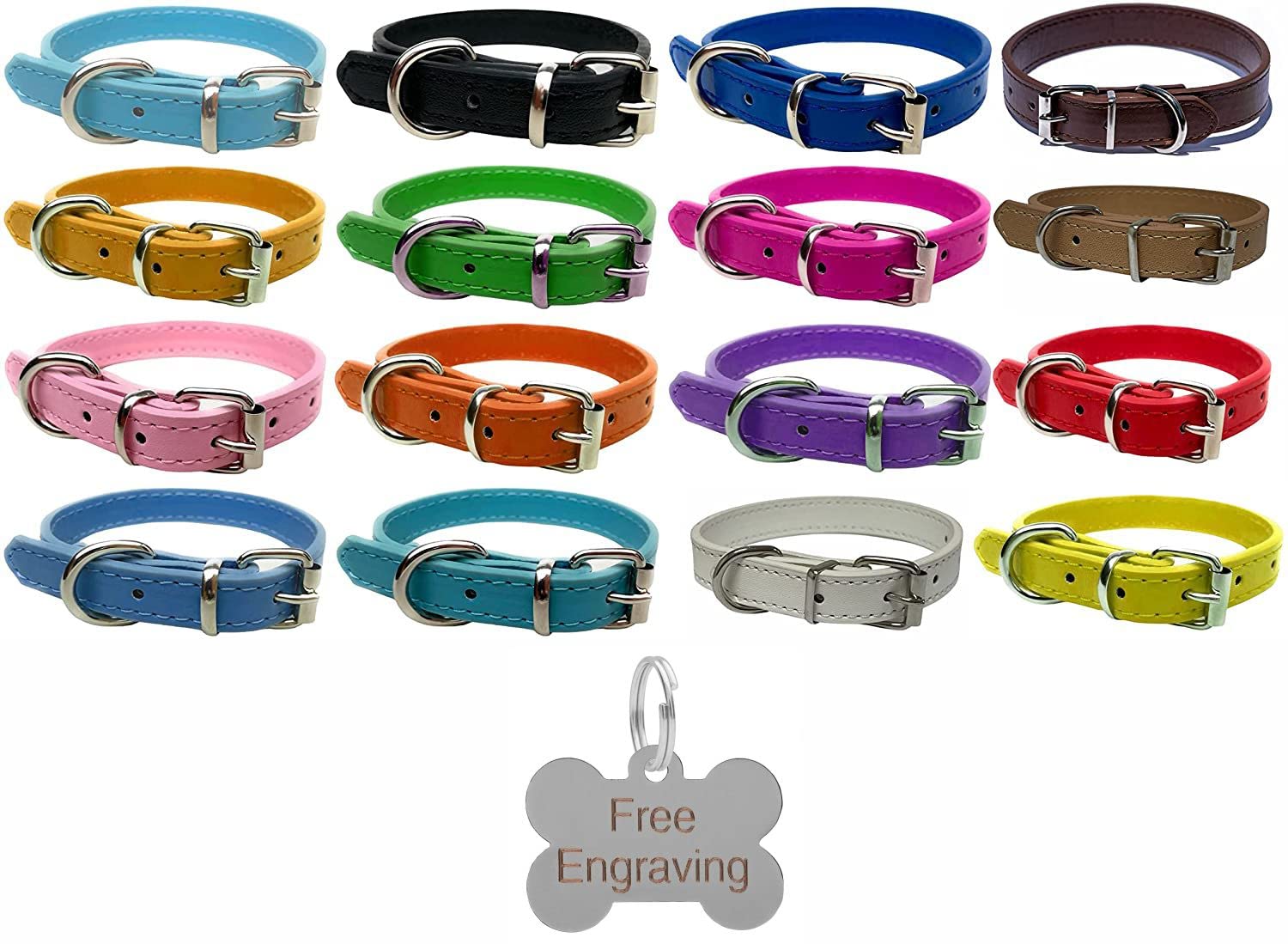 Vibrant Leather Dog Collar for Puppy, Dogs Small, Medium & Large with Personalised Engraved Silver Bone Shaped Tag (X-Small (20cm - 26cm Neck), Baby Blue)
