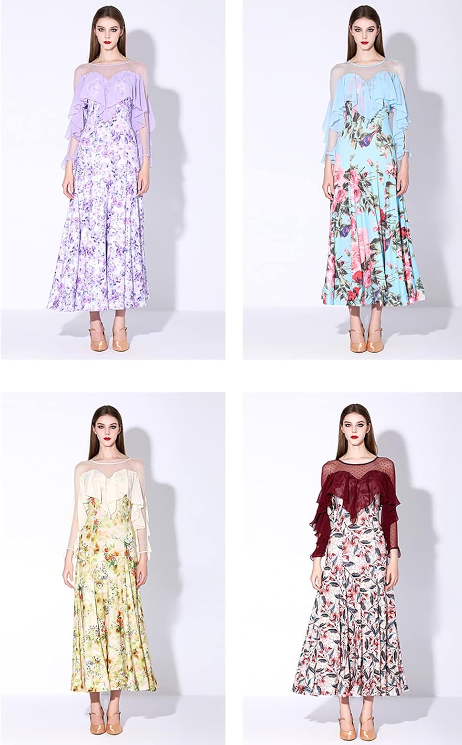 LNIGHT] 社交ダンスドレス 花柄 フリル フラメンコ ドレス