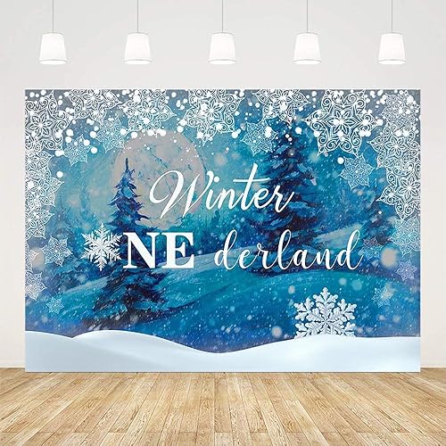 Miniatura 9 de Telón de fondo de invierno de 7 x 5 pies para niñas, diseño de copos de nieve, feliz primer cumpleaños, decoración de fiesta de primer cumpleaños,