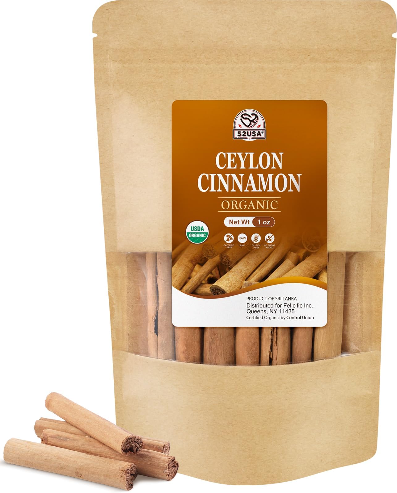 52USA Organic Ceylon Cinnamon Sticks, 1 Ounce (Pack of 1), True Cinnamon Farmed in Sri Lanka, Whole Cinnamon Sticks Bulk, Vegan, Non GMO, 28g