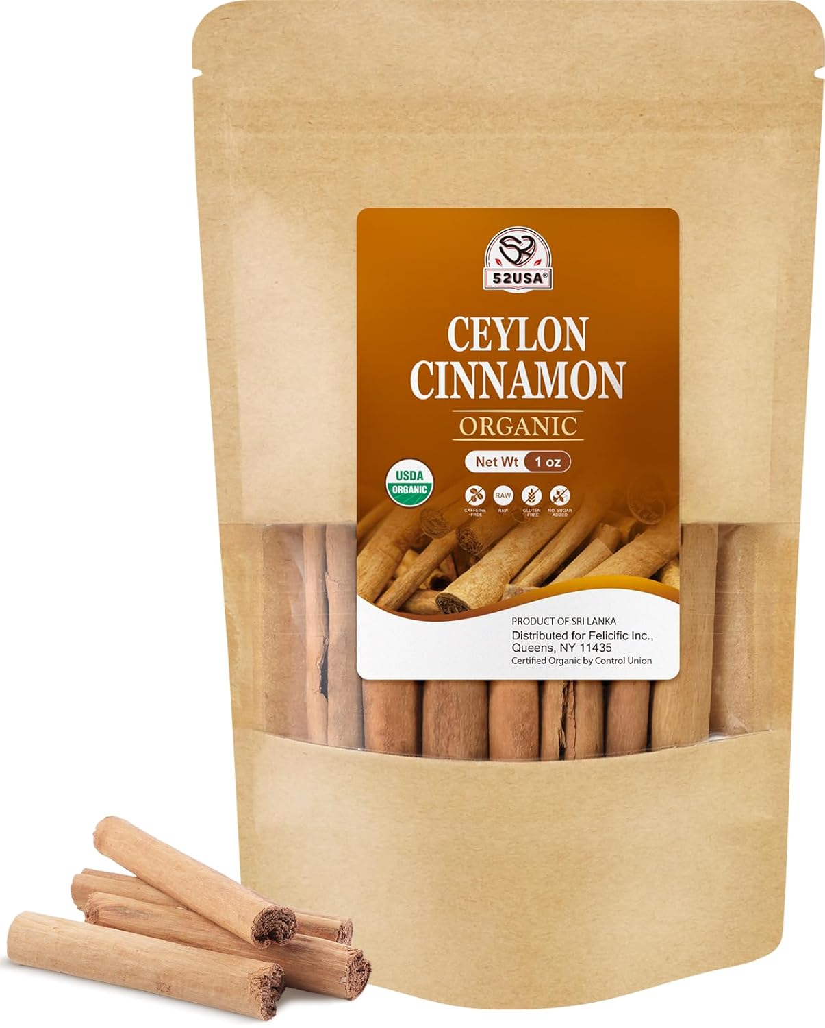 52USA Organic Ceylon Cinnamon Sticks 1oz - True Sri Lankan Cinnamon, Vegan Non-GMO Whole Sticks, Premium Bulk Authentic Cinnamomum Verum