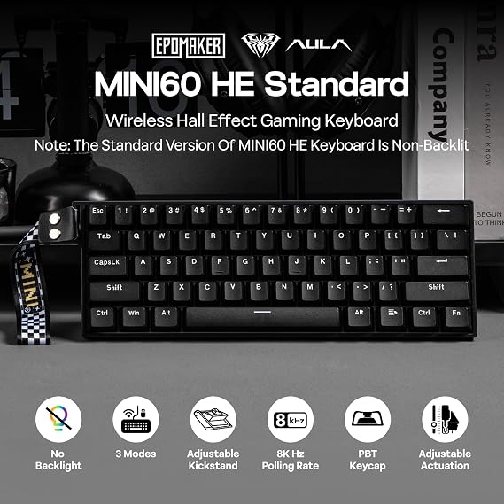 EPOMAKER Aula MINI60 HE Wireless Gaming Keyboard, 8K Hz Polling, SOCD & DKS, 60% Hall Effect Keyboard with Fast Trigger & Adjustable Actuation, RGB, PBT Keycap, for Win/Mac (Standard)