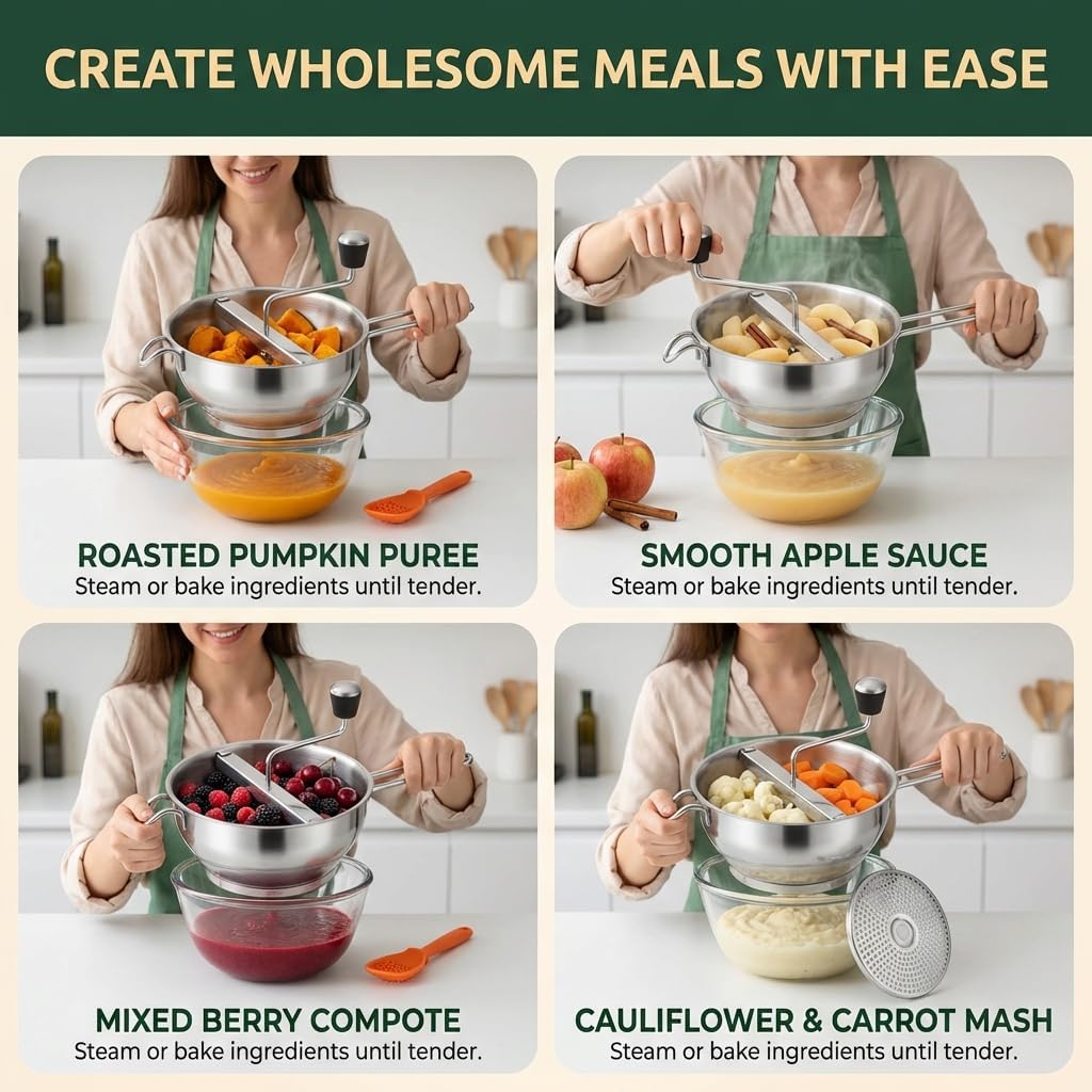 Stainless Steel Food Mill with 3 Milling Discs, Rotary Hand Crank with Silicone Handle, Ergonomic Design for Tomato Sauce, Applesauce, Mashed Potatoes, Puree, Jams and Baby Food, Dishwasher Safe