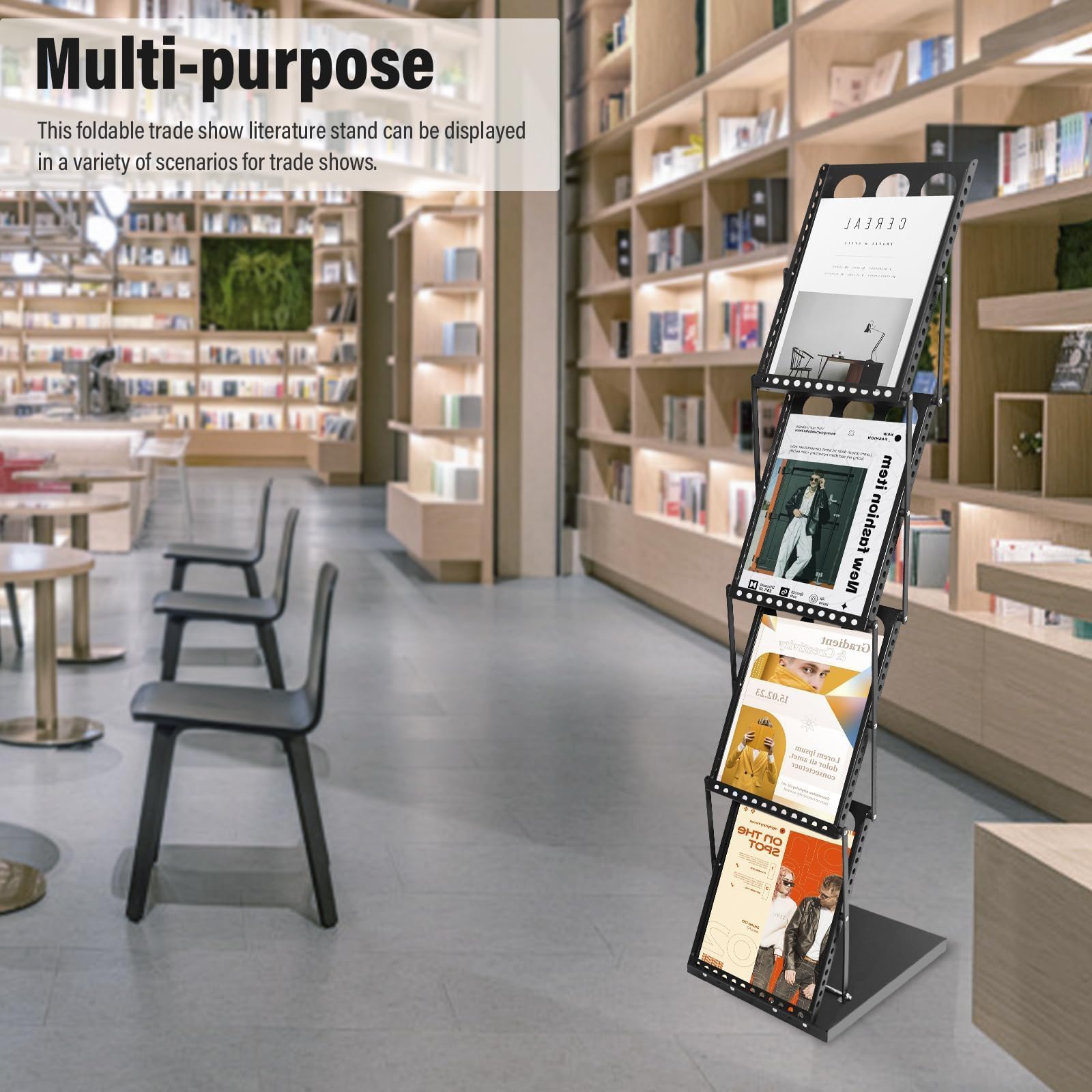 A4 Faltbarer Prospektständer, tragbarer Zeitschriftenhalter mit Tragetasche, 4 Taschen, Literaturhalter, Buchständer, Bodenständer für Büro, Messe, Ausstellungen (Schwarz)
