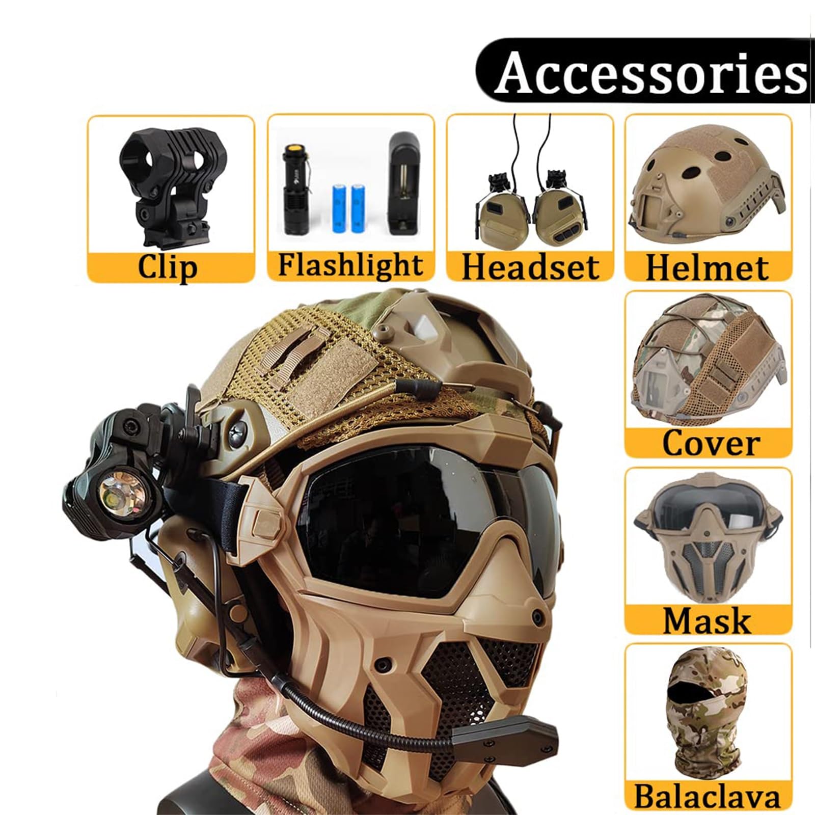 Set Casco Tattico da Softair con Cuffie Antirumore Maschera da Paintball Regolabile Torcia Elettrica for Giochi di Sopravvivenza All'aperto