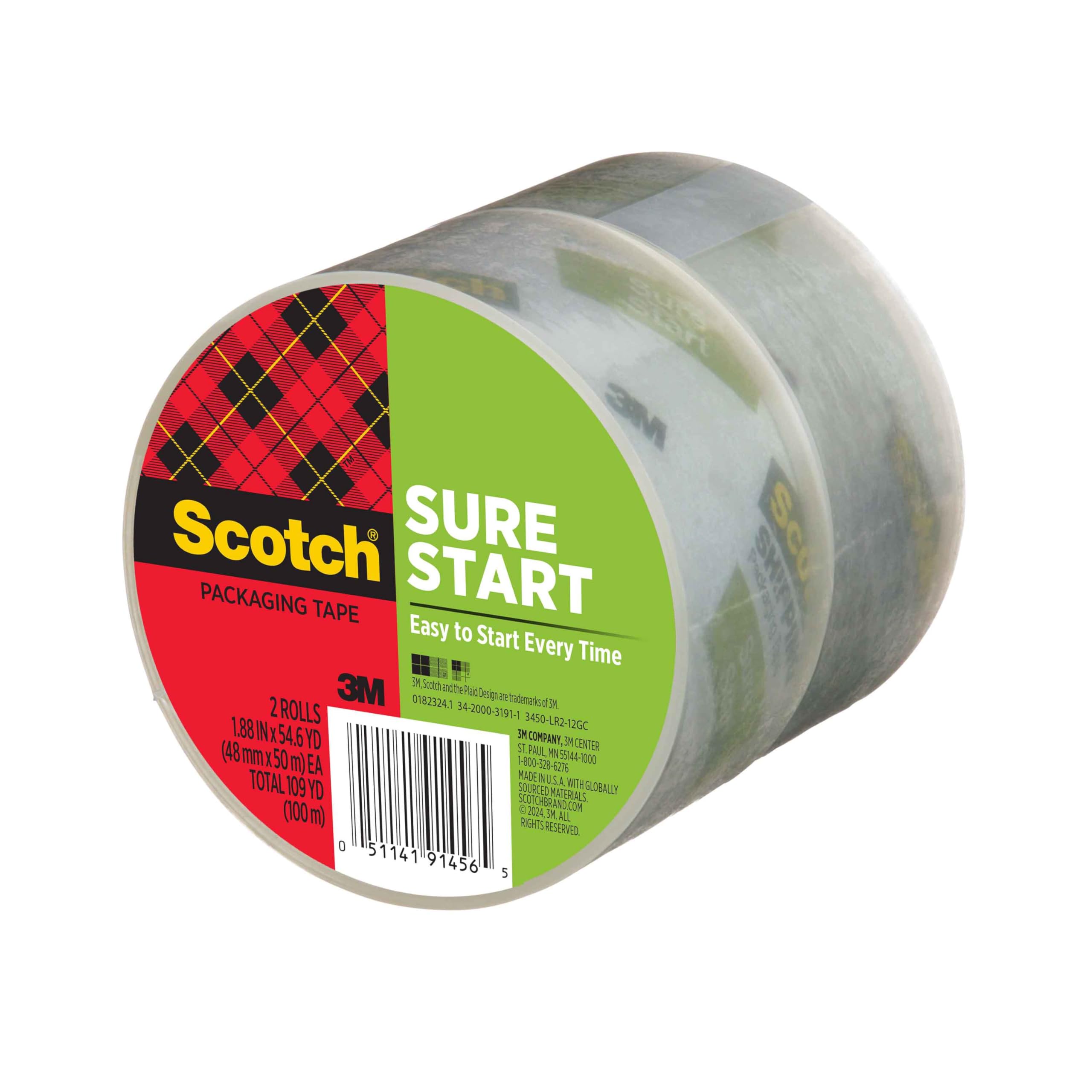 Scotch Sure Start Shipping Verpackungsband, 4,8 cm x 55,6 m, entworfen für Verpackung, Versand und Versand, leises Abrollen, kein Spalten oder Reißen, 7,6 cm Kern, transparent, 2 Rollen
