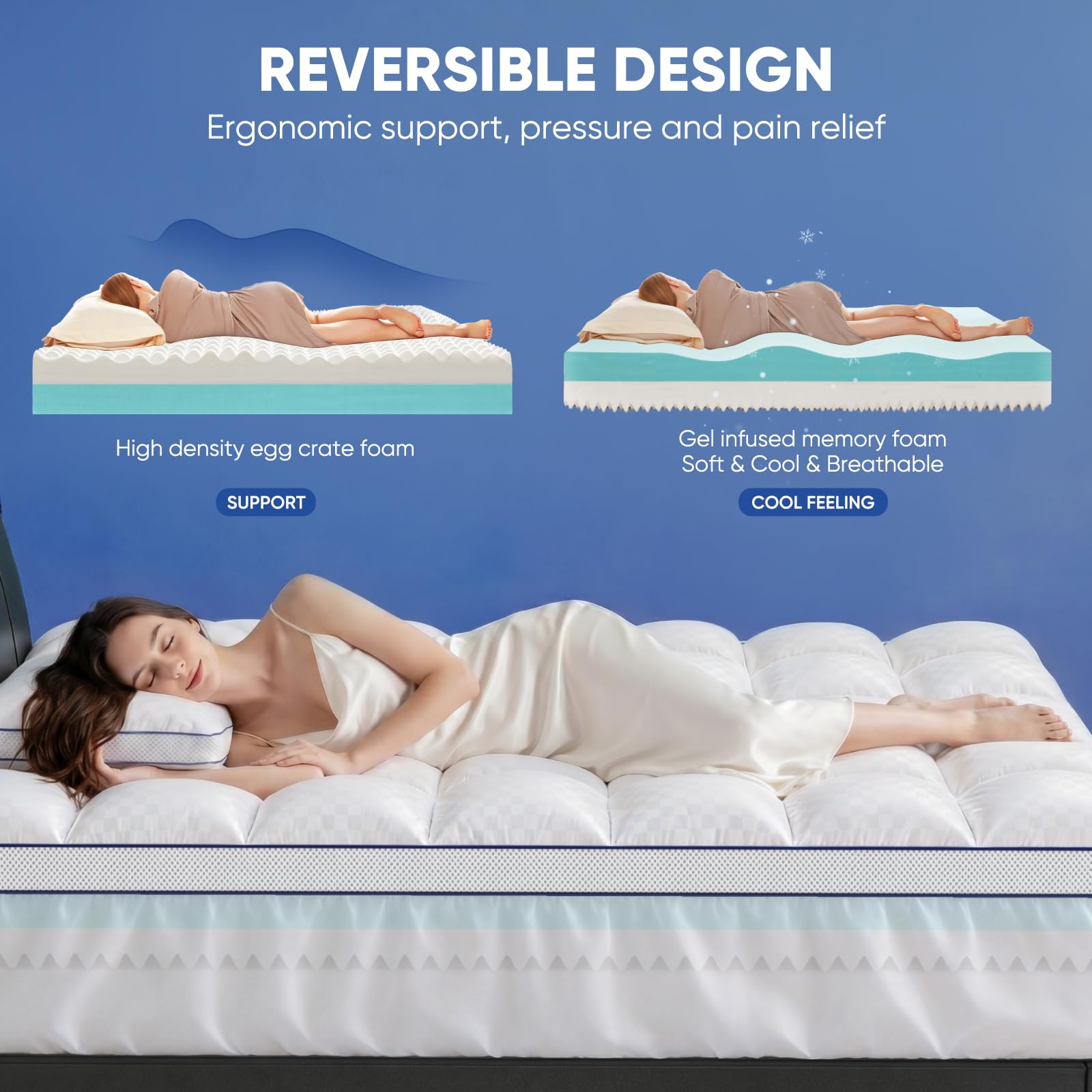 Simpledad Topper per materasso queen size, 3 in 1, in memory foam, per mal di schiena, soffice coprimaterasso da 5,1 cm e memory foam in gel a doppia durezza da 6,3 cm, con tasca profonda da 20,3