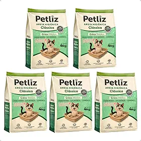 Kit 5 Unidades PetLiz Areia Higiênica Clássica para Gatos Grãos Médios Natural Alta Absorção Controle de Odores 20kg