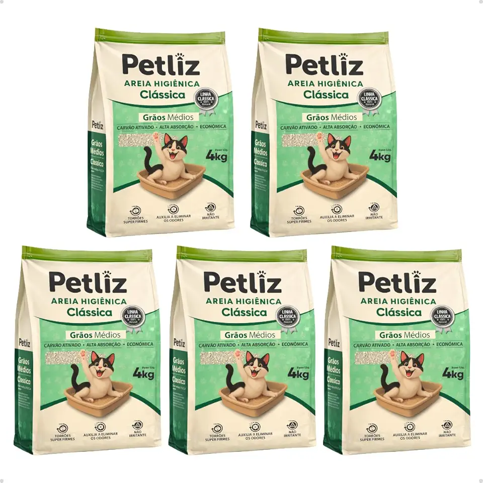 Kit 5 Unidades PetLiz Areia Higiênica Clássica para Gatos Grãos Médios Natural Alta Absorção Controle de Odores 20kg