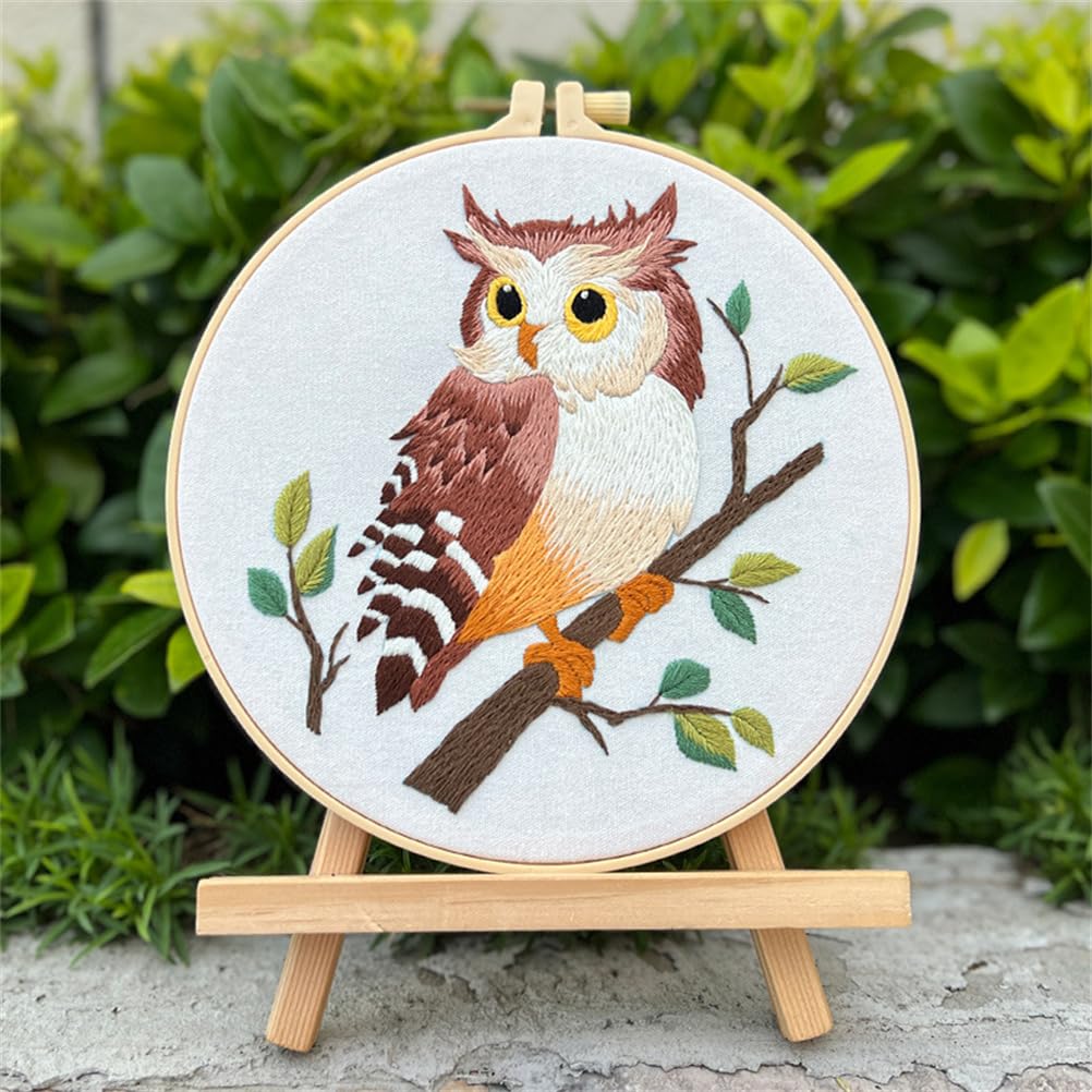 Meecaa Owl Animal Branch Leaves Embroidery Kit Starter Set, Hand Embroidery Set,Pattern Printed Cross Stitch Set for Beginner Adults, with Embroidery Hoop and Instructions (Owl 2)