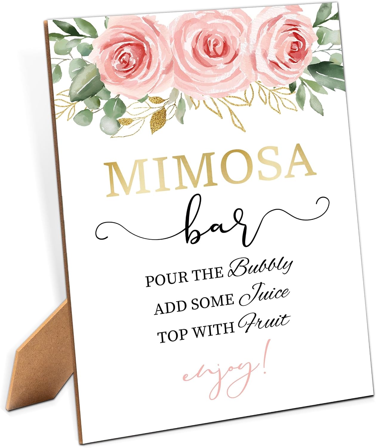 Mimosa Bar Sign - Blush Pink Floral Bridal Shower Sign, 1 Pack Wooden Sign with Stand, Wedding and Bachelorette Party Table Decor, Floral Bridal Shower Supplies (MC09)