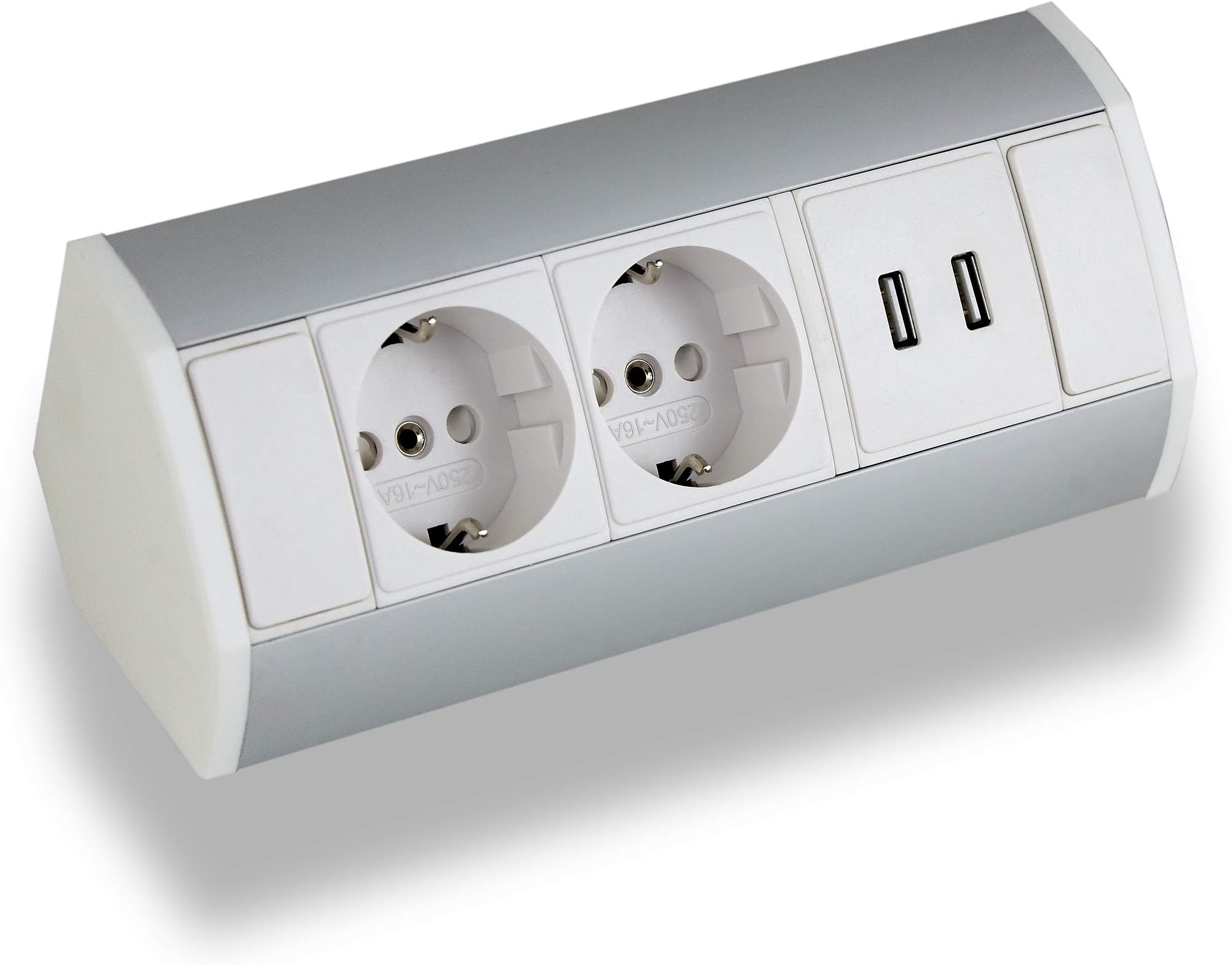 Prise d'angle montage 2 prises Schuko 2 x USB noir pour cuisine, bureau