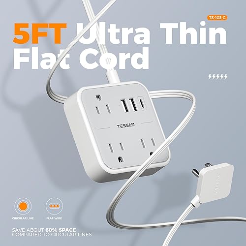 Miniatura 4 de TESSAN Cable de extensión plano ultradelgado de 5 pies, regleta de alimentación delgada con puertos USB (1 USB C), protector contra sobretensiones