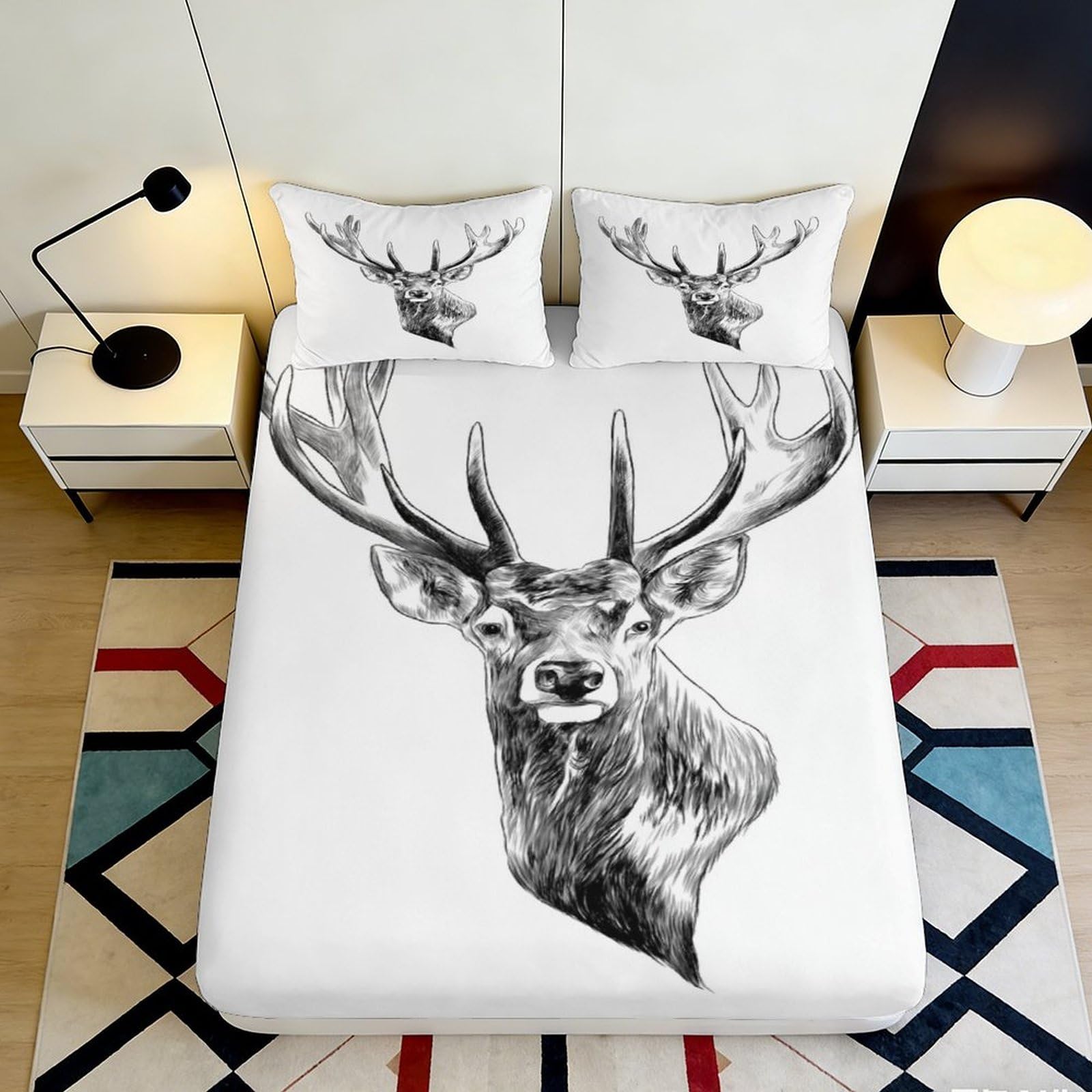 3D Printed Deer Pattern Fitted Sheet Microfiber Soft Durable Stag Head Bed Cover with 3D Printed Antlers Mattress Cover for Bedroom Dormitory Guest Room Decoration 120x200x25cm