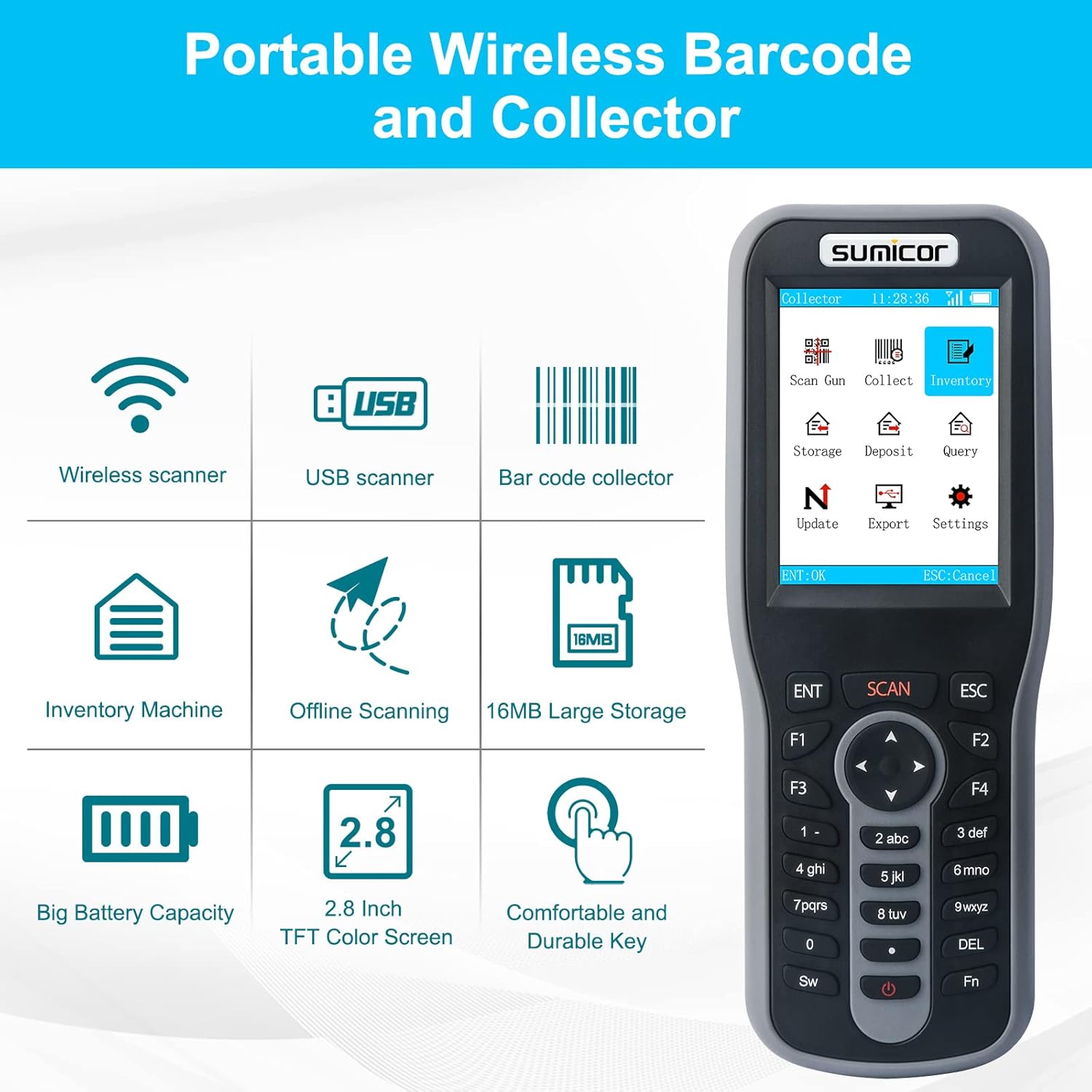 Sumicor Barcode Scanner charging with a large battery icon