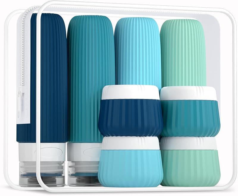Travel Bottles for Toiletries 8 Pack, Tsa Approved Travel Size Toiletries 3 oz, Containers for Toiletries, with Clear Bag, Leak Proof Silicone Squeezable Essentials Creams Jars