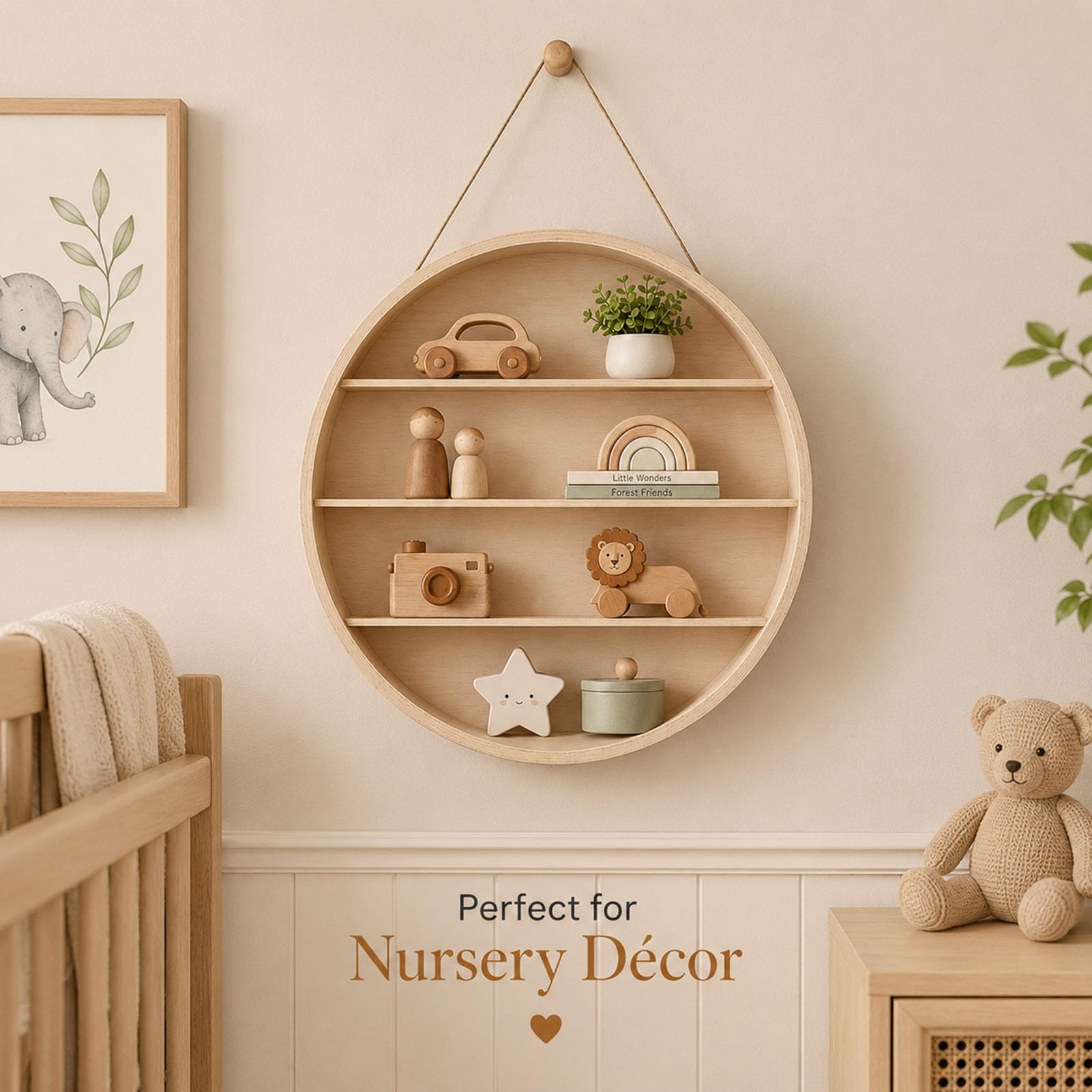 Rundes Wandregal Holz 38/55 cm 4-stufiges Schweberegal Wand, dekoratives Aufbewahrungsregal mit 4 Ebenen Hängeregal für Wohnzimmer Schlafzimmer Bad Küche und Kinderzimmer,Natural,38cm